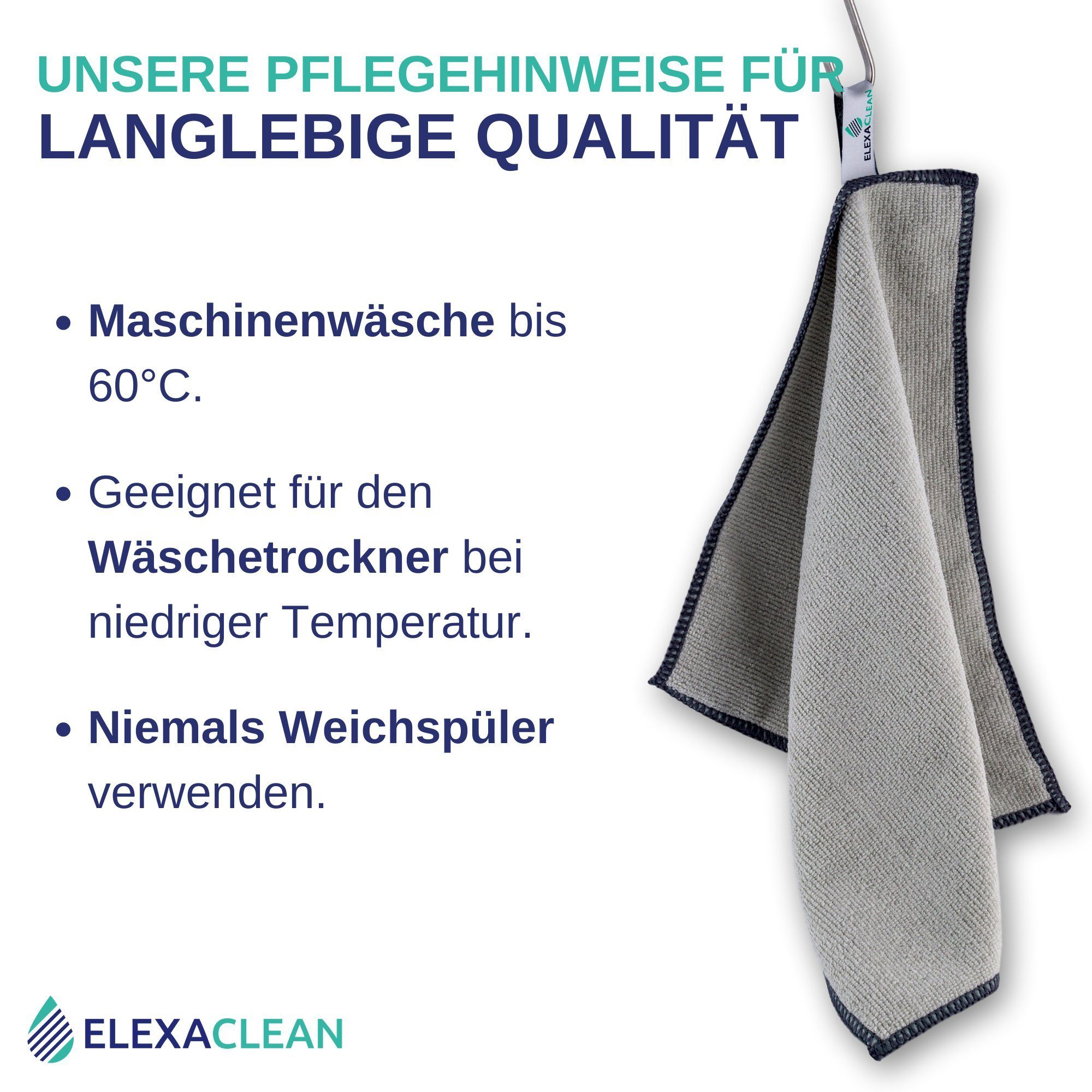 ELEXACLEAN Universal Reinigungstücher Mikrofasertuch (80% Polyester, 20% Polyamid (Mikrofaser), 30x30 cm, Set, 12-tlg., 30x30 cm, fusselfrei, streifenfrei, saug – Bild 4 von 5