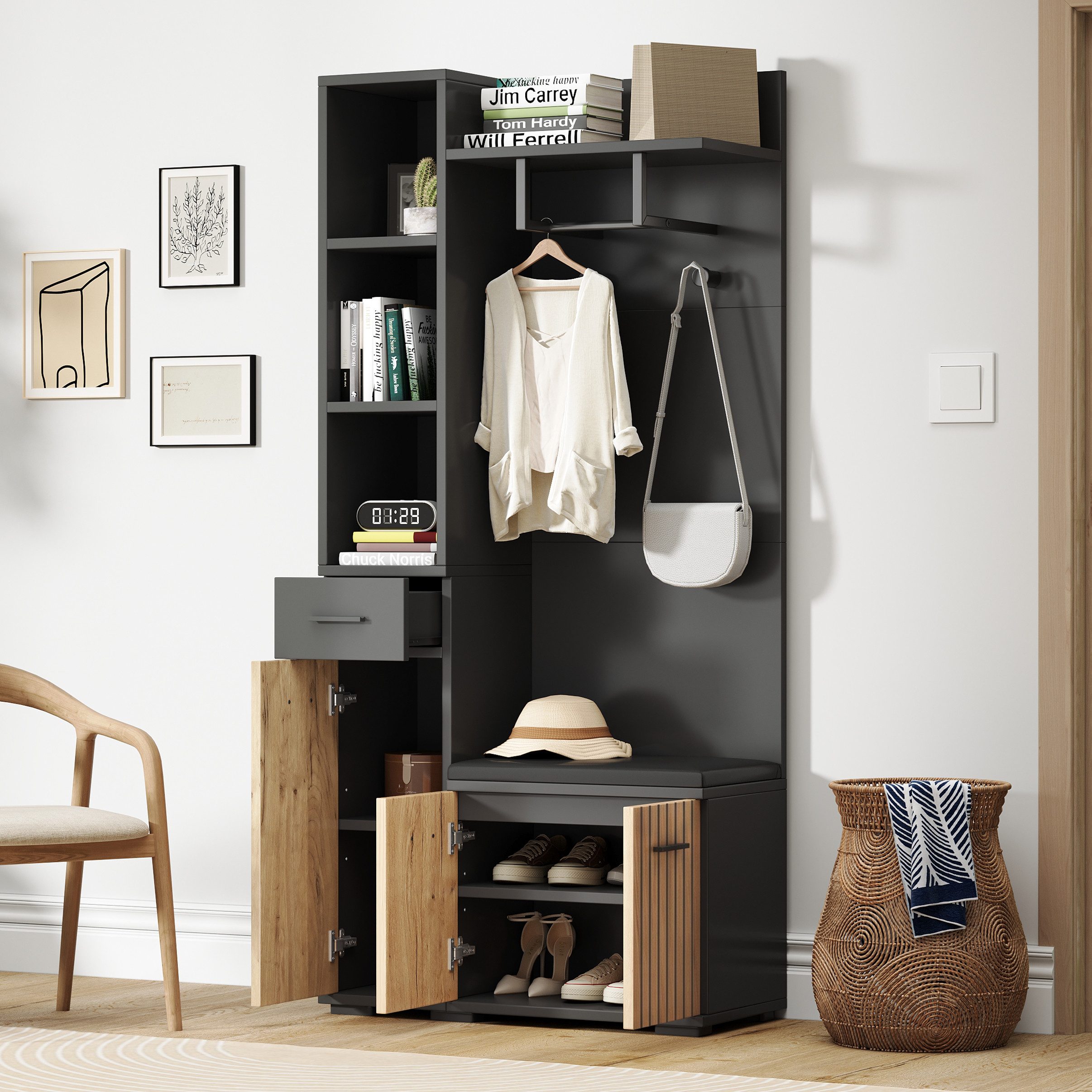 Merax Garderoben-Set 7-in-1 Kompaktgarderobe Flurmöbel in Schwarz-Holz, (Garderobenkombination Möbelset, 1-St., 80x35x175 cm), Sitzbank Schränken Schublade Abla – Bild 2 von 5