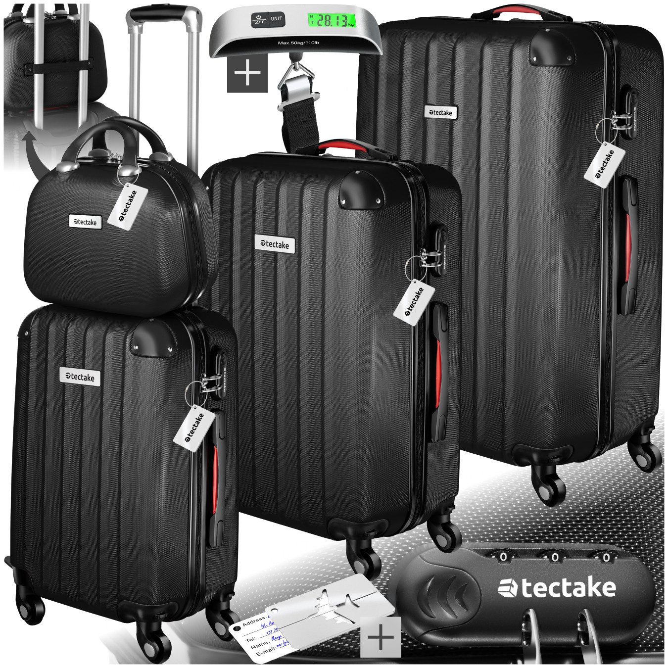 tectake Trolley Hartschalenkoffer-Set, 4 Rollen, 4-teilig, 3 Trolleys, 1 Beauty Case inkl. Kofferwaage und -anhänger