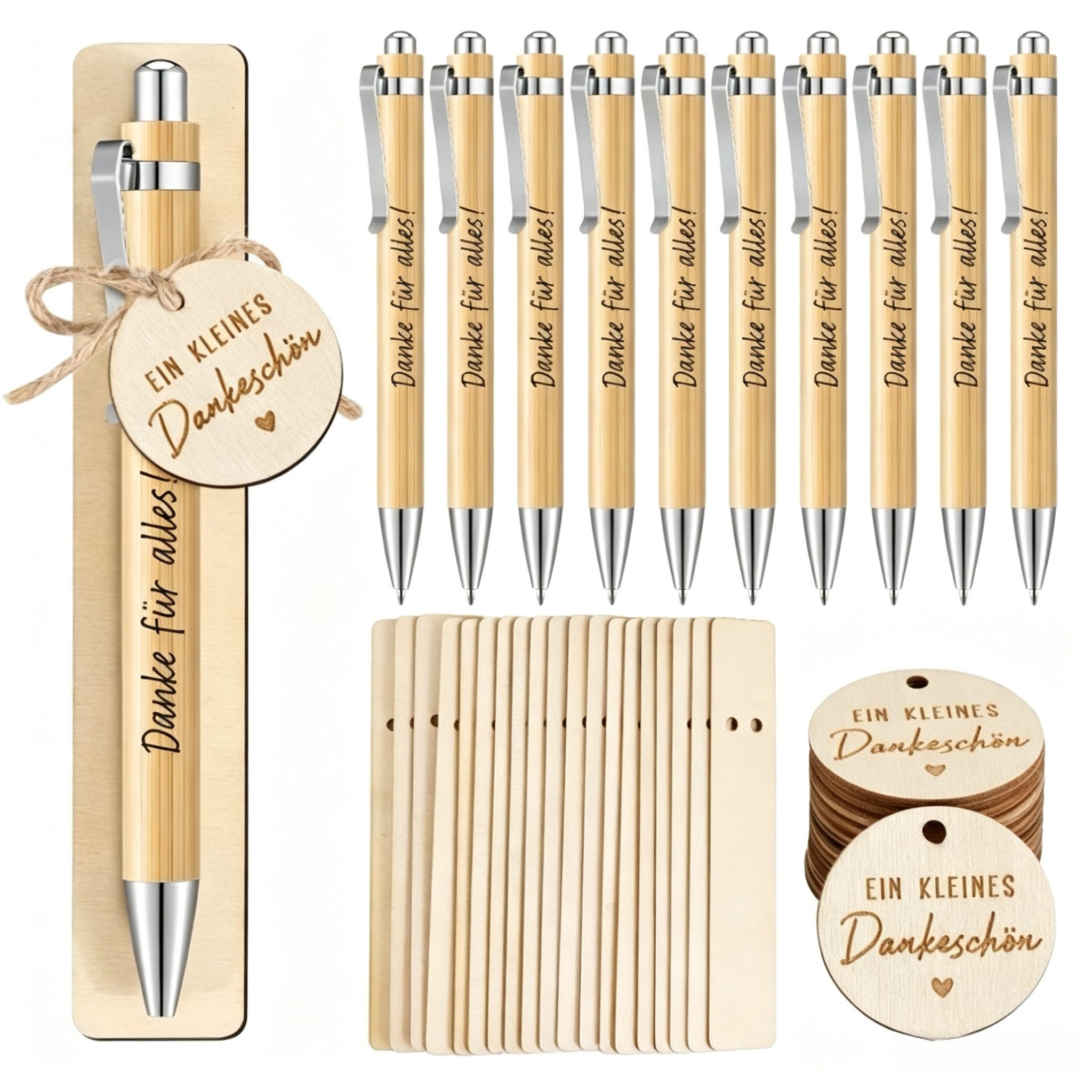 FOUORTUNATE-BEE Kugelschreiber 24er Dankeschön Geschenkset mit Holzkugelschreibern und Anhängern, (24-tlg), Abschiedsgeschenk für Lehrer Kollegen Erzieher Studenten Ruhestand