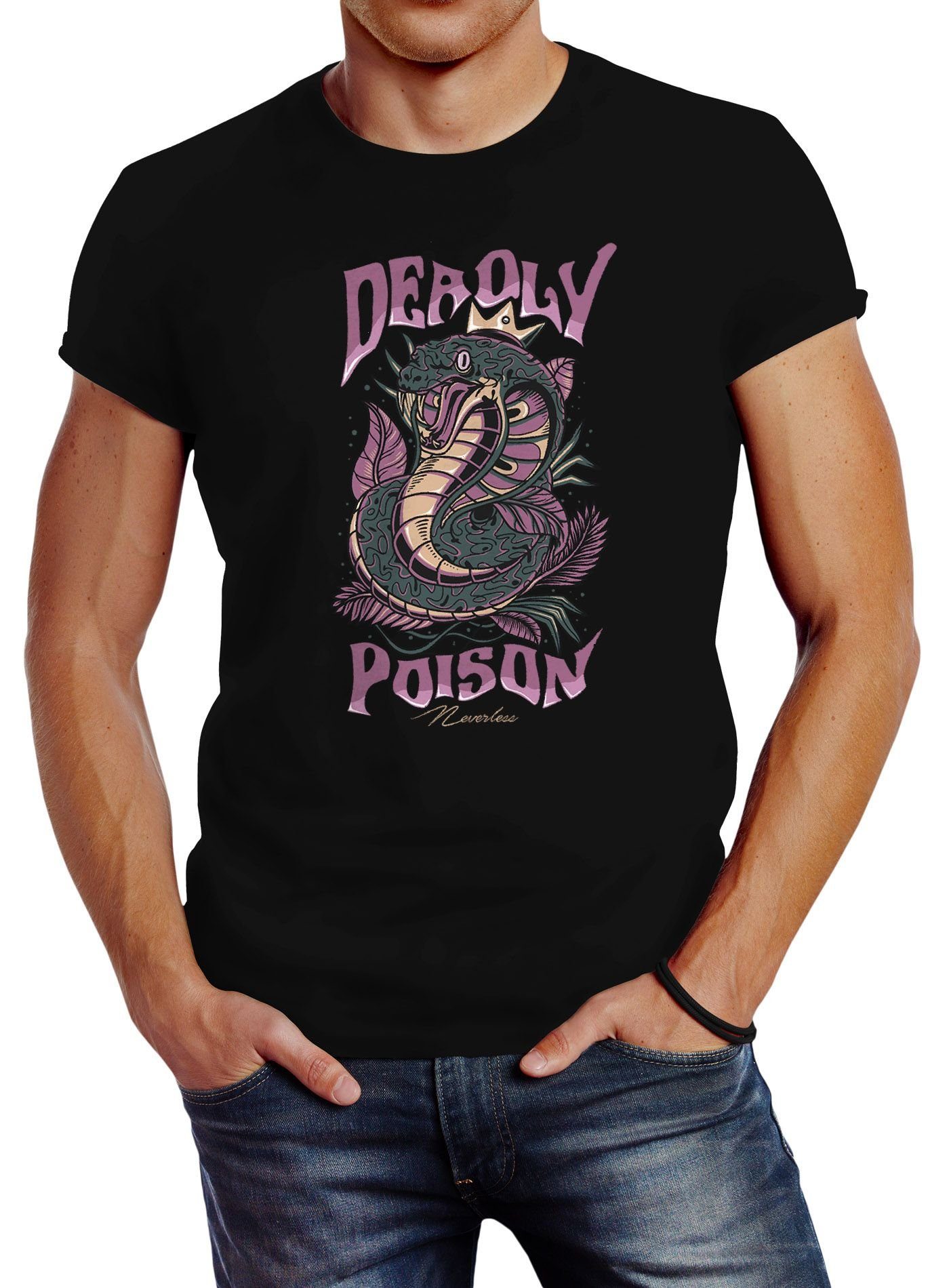 Neverless Print-Shirt Herren T-Shirt Deadly Slim Cobra Print Motiv-Print Poison shirt Snake Kobra mit Schlangenmotiv Neverless® Fit