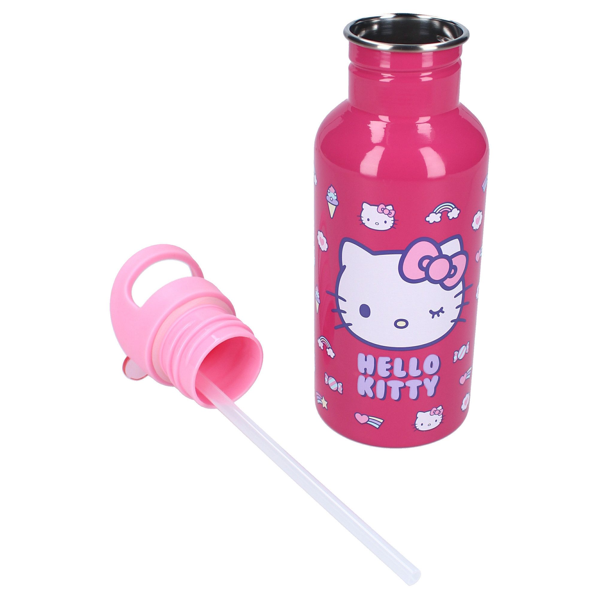 Hello Kitty Trinkflasche „Drink Up“ 500ml Trinkflasche Mit Strohhalm und pinkem Henkel