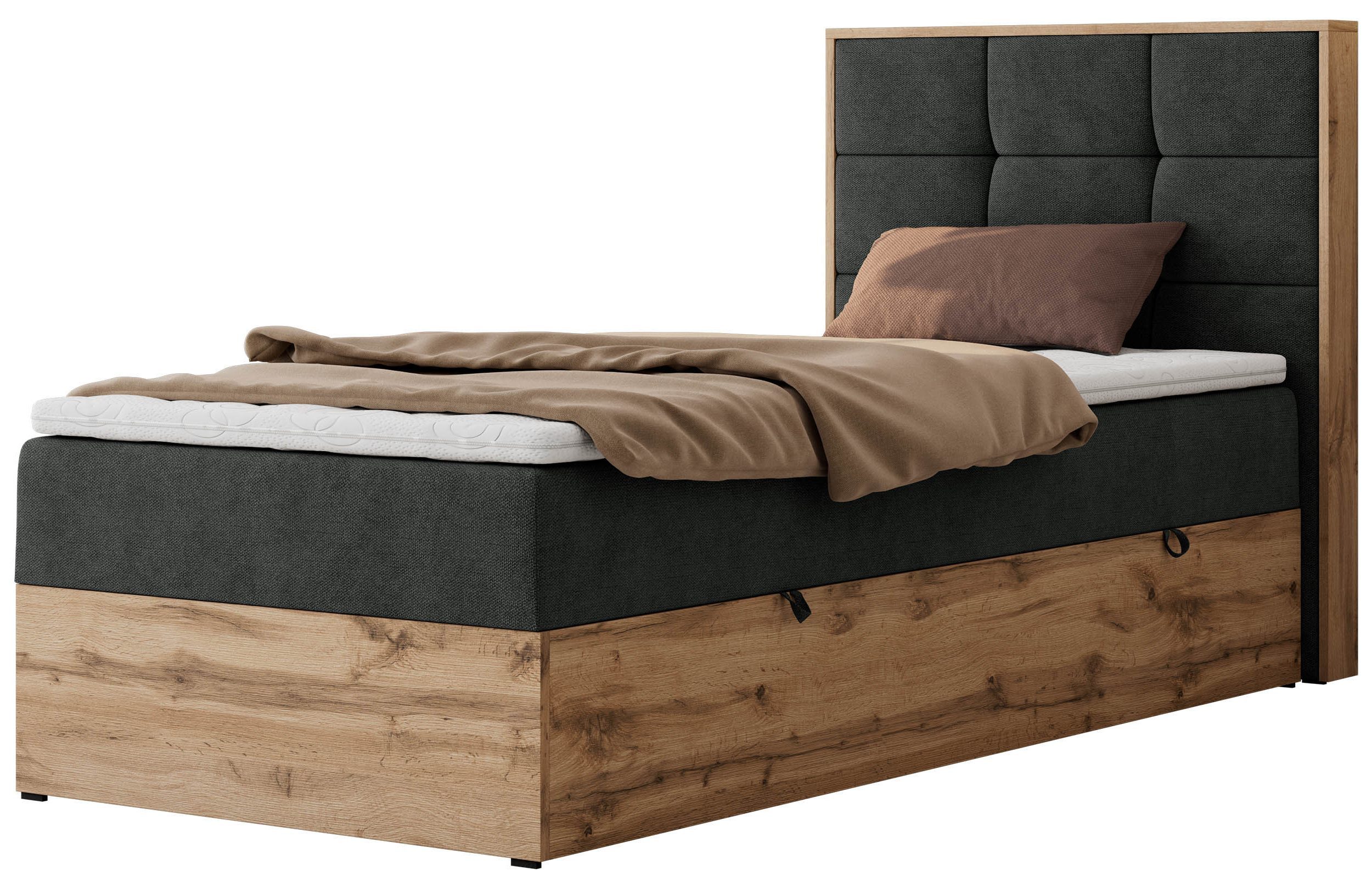 MKS MÖBEL Boxspringbett ALBERO 1 90x200 cm (Set, Packung, Topper T25/Visco, Stauraum, Matratzen, Bettkasten, T30-Schaum), Einzelbett, Multipocket-Matratzen, Möbelplatten, Praktisch