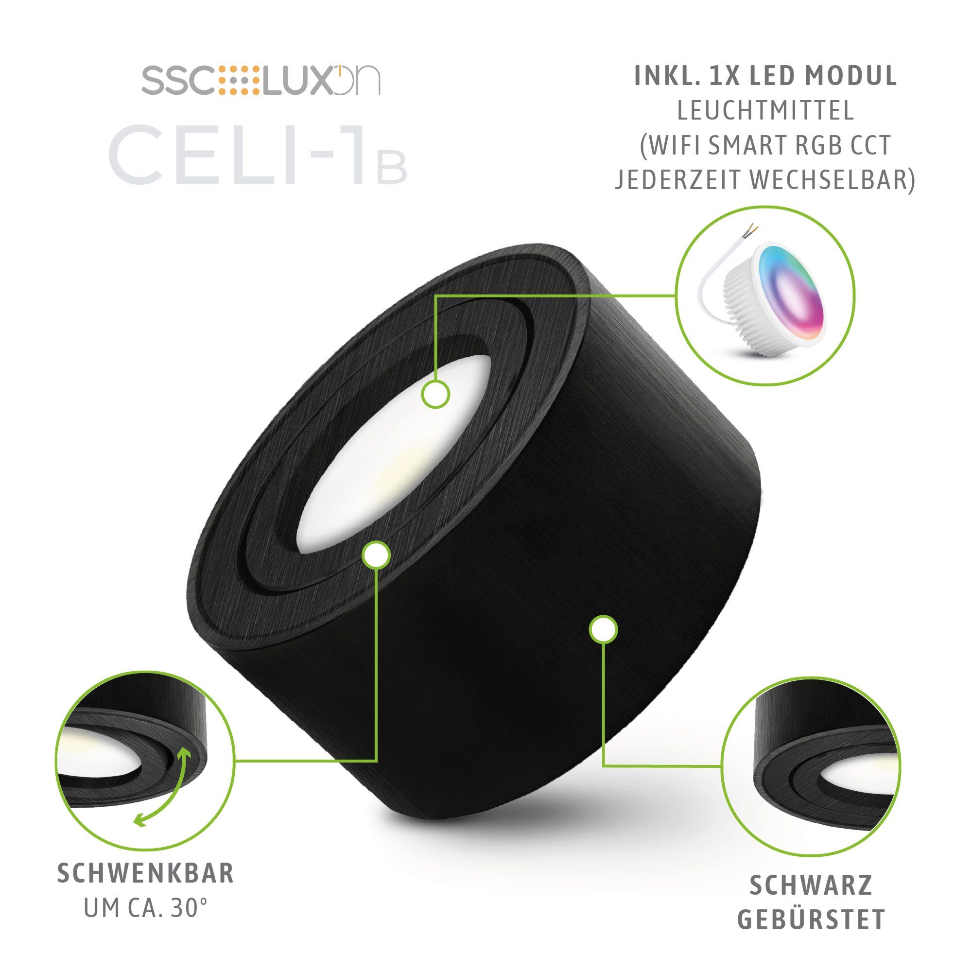 SSC-LUXon Aufbauleuchte CELI-1B Aufbauspot flach gebuerstet LED, RGB RGB schwenkbar mit schwarz