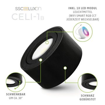SSC-LUXon Aufbauleuchte CELI-1B Aufbauspot flach gebuerstet schwarz schwenkbar mit RGB LED, Warmweiß bis Tageslicht
