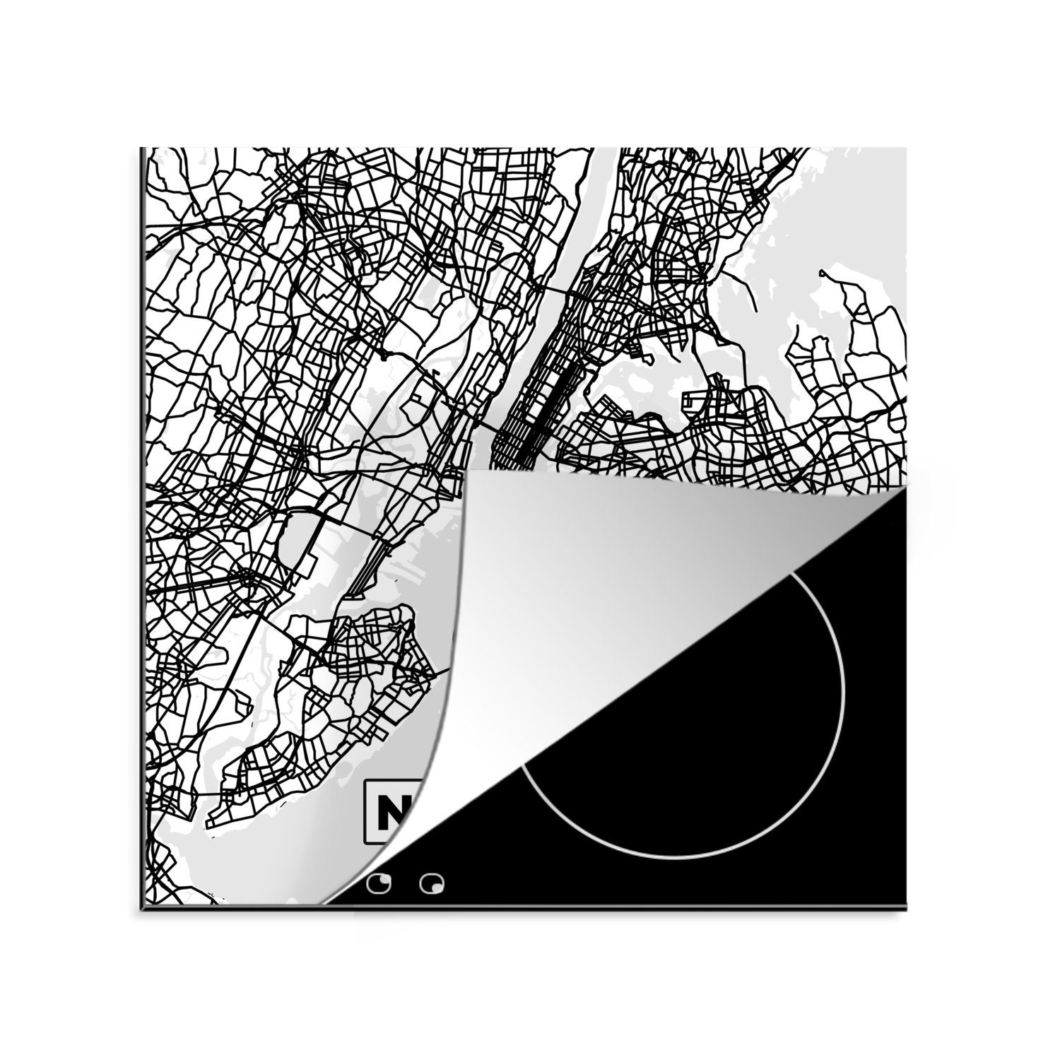 - küche Arbeitsplatte Karte Weiß, York MuchoWow (1 von 78x78 Ceranfeldabdeckung, und New Herdblende-/Abdeckplatte cm, Vinyl, - für tlg), Schwarz Stadtplan