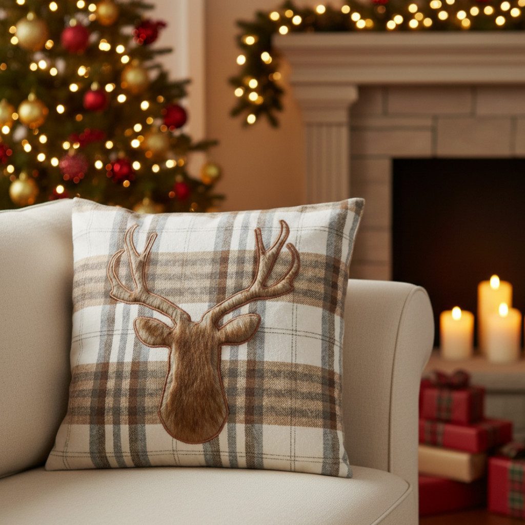 MF Zierkissen Zierkissen Highland Deer kariert 45x45 cm mit Hirschmotiv, (1 St)