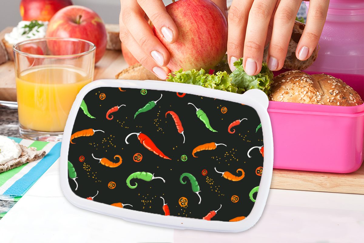 MuchoWow Lunchbox Paprika Muster Mädchen, rosa Brotdose Saatgut, Kunststoff - für Brotbox Kinder, Erwachsene, - Kunststoff, (2-tlg), Snackbox