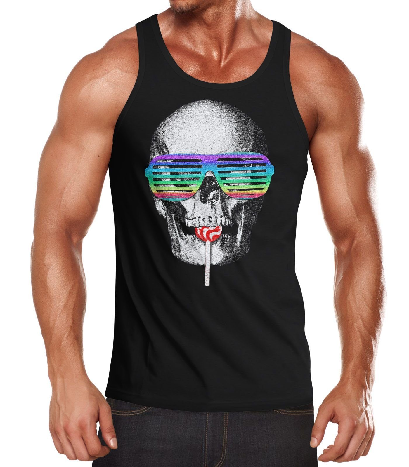 MoonWorks Tanktop Herren Tanktop Skull Lolly Hippie Retro 70er Totenkopf Moonworks® mit Print