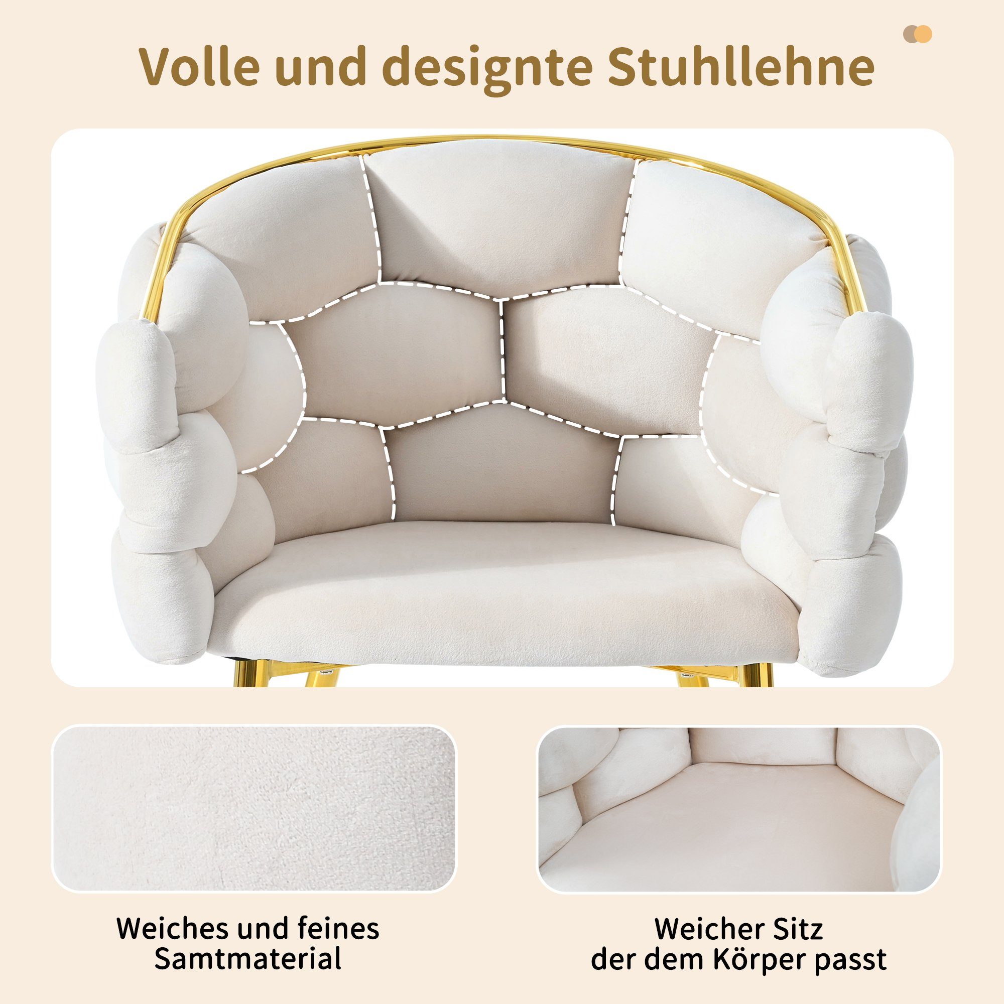 Flieks Polsterstuhl (mit Armlehnen und Rückenlehne, 1 St), Wohnzimmerstuhl Esszimmerstuhl Samtstuhl Schminkstuhl, Metallbeinen