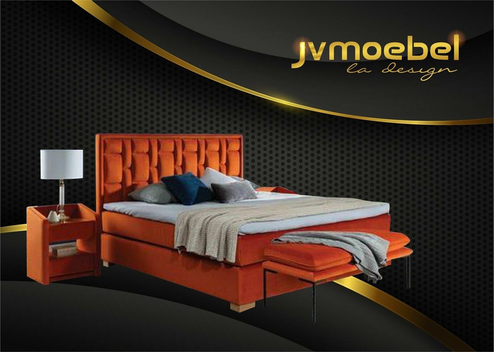 JVmoebel Schlafzimmer-Set, (Set, Bett, Nachttisch), Chesterfield Doppelbett Schlafzimmer Samt Betten Bettgestell Nachttisch 3tlg Set Orange