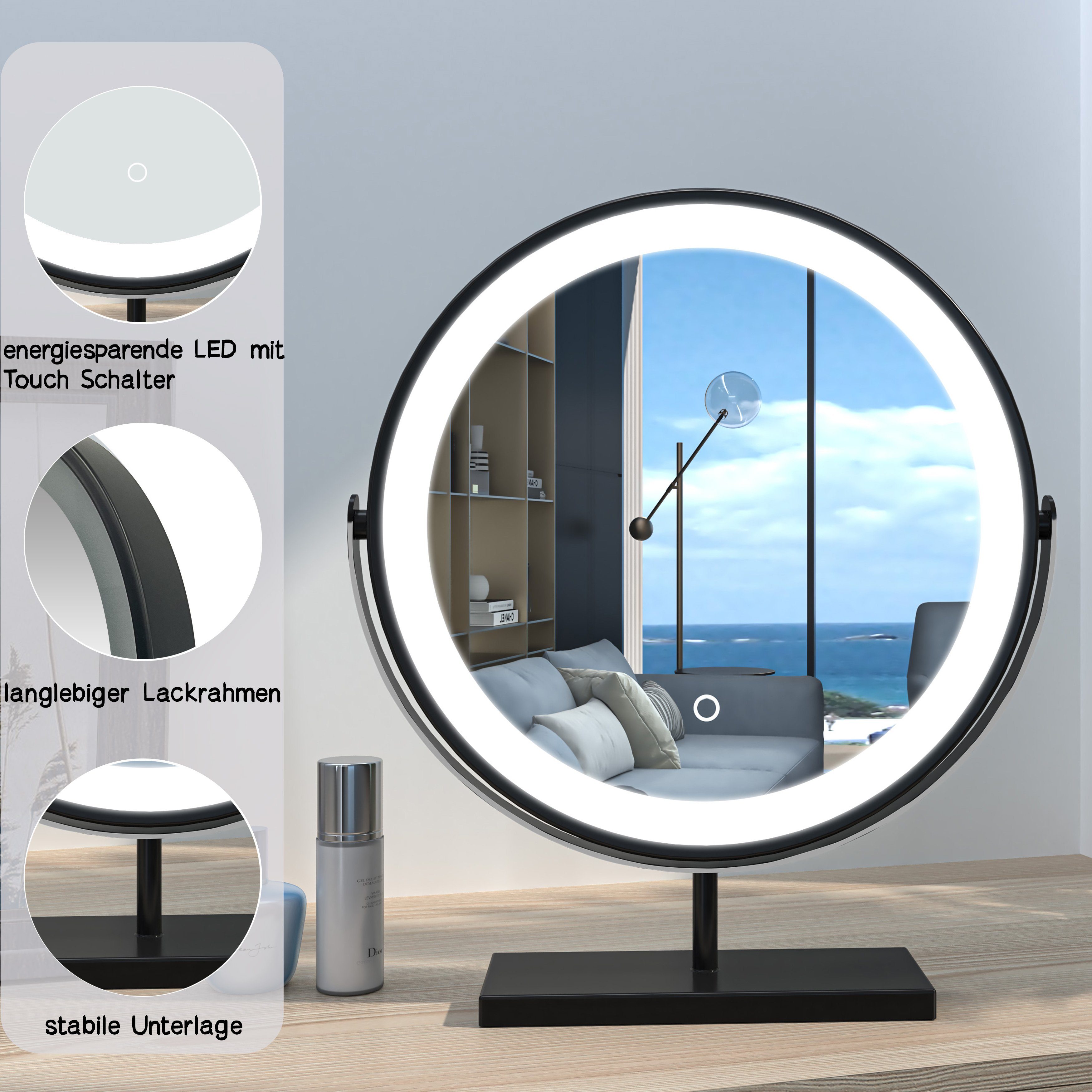 duschspa Kosmetikspiegel Schminkspiegel LED Kosmetikspiegel Lichtfarben Dimmbar, Touch, mit Memory-Helligkeit, Drehbar 3 Tischspiegel, 360° Schwarz Beleuchtung mit