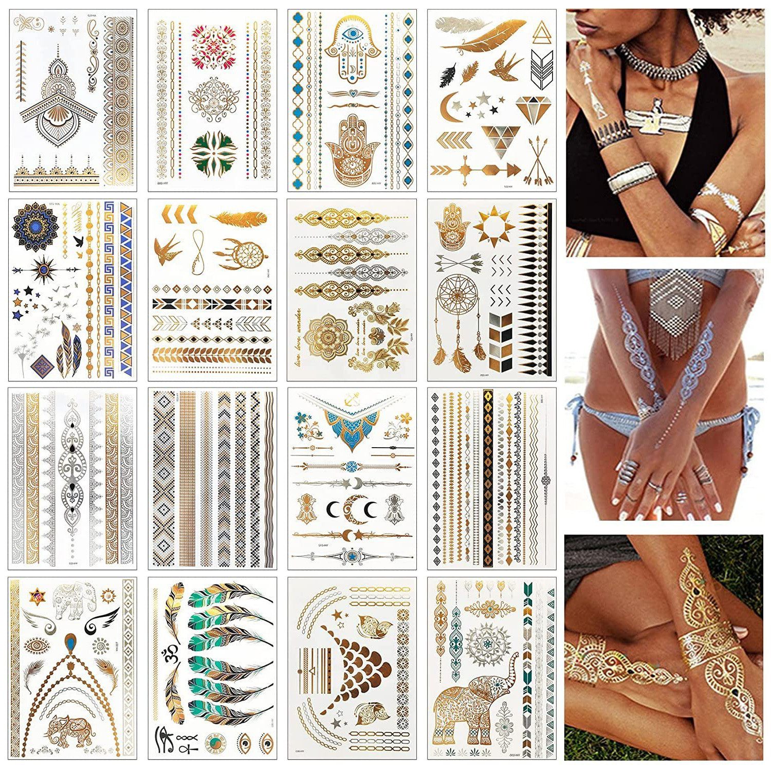 ZEUOPQ Schmuck-Tattoo Tattoos Schmuck-Tattoo Modeschmuck, Gold Metallic Flash Tattoos, 16-tlg., große Auswahl für Festival Sommer Party