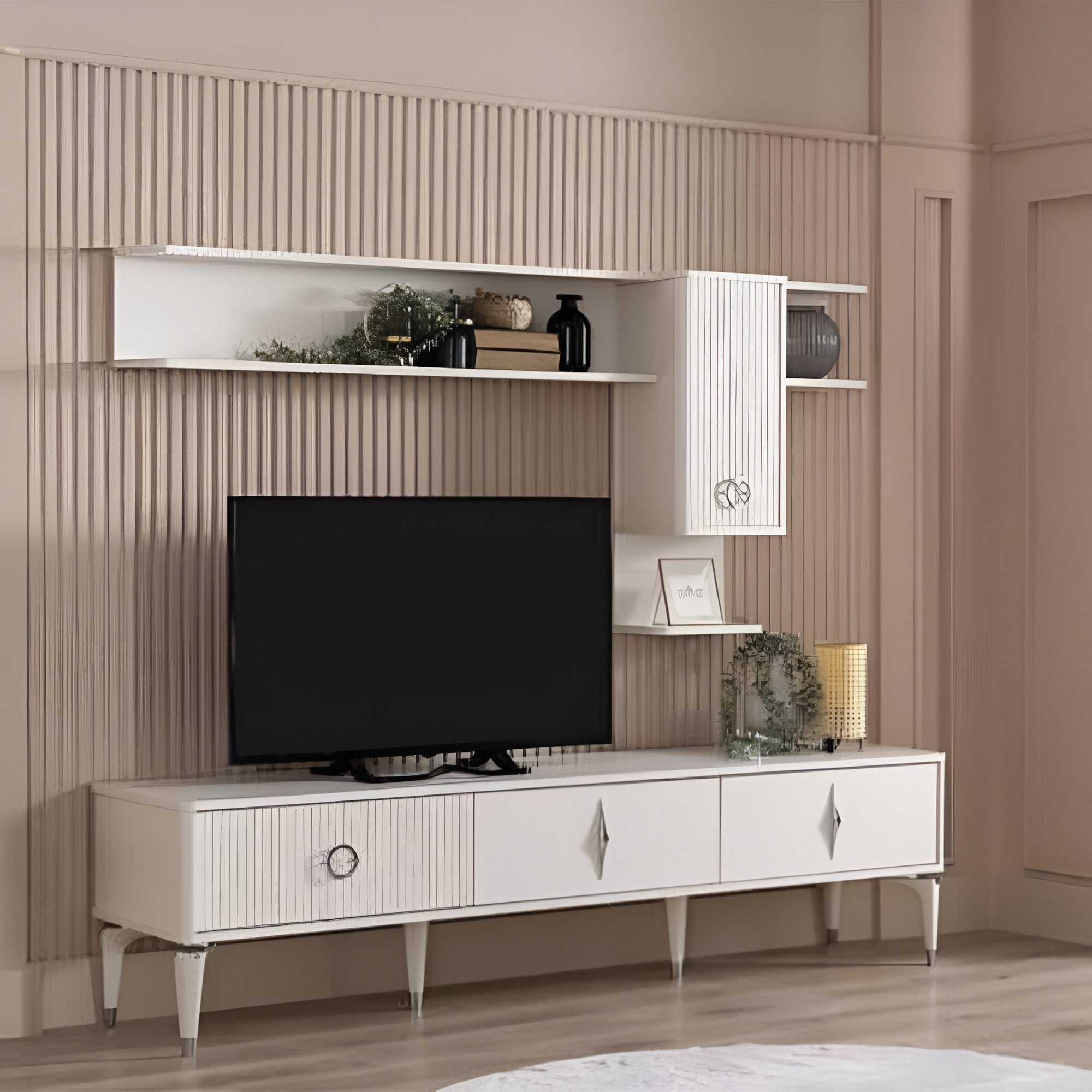 Wohnwand Vollständiger TV-Ständer Schrank RTV Lowboard Wohnzimmer Regale Weiß