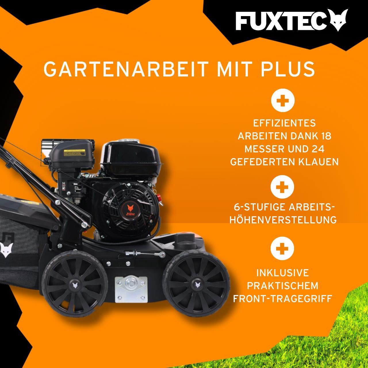 FUXTEC Benzin-Vertikutierer FX-BV240, 40 cm Arbeitsbreite, 212cc 4-Takt Benzinmotor, 6-fach Tiefeneinstellung, 45L Fangkorb