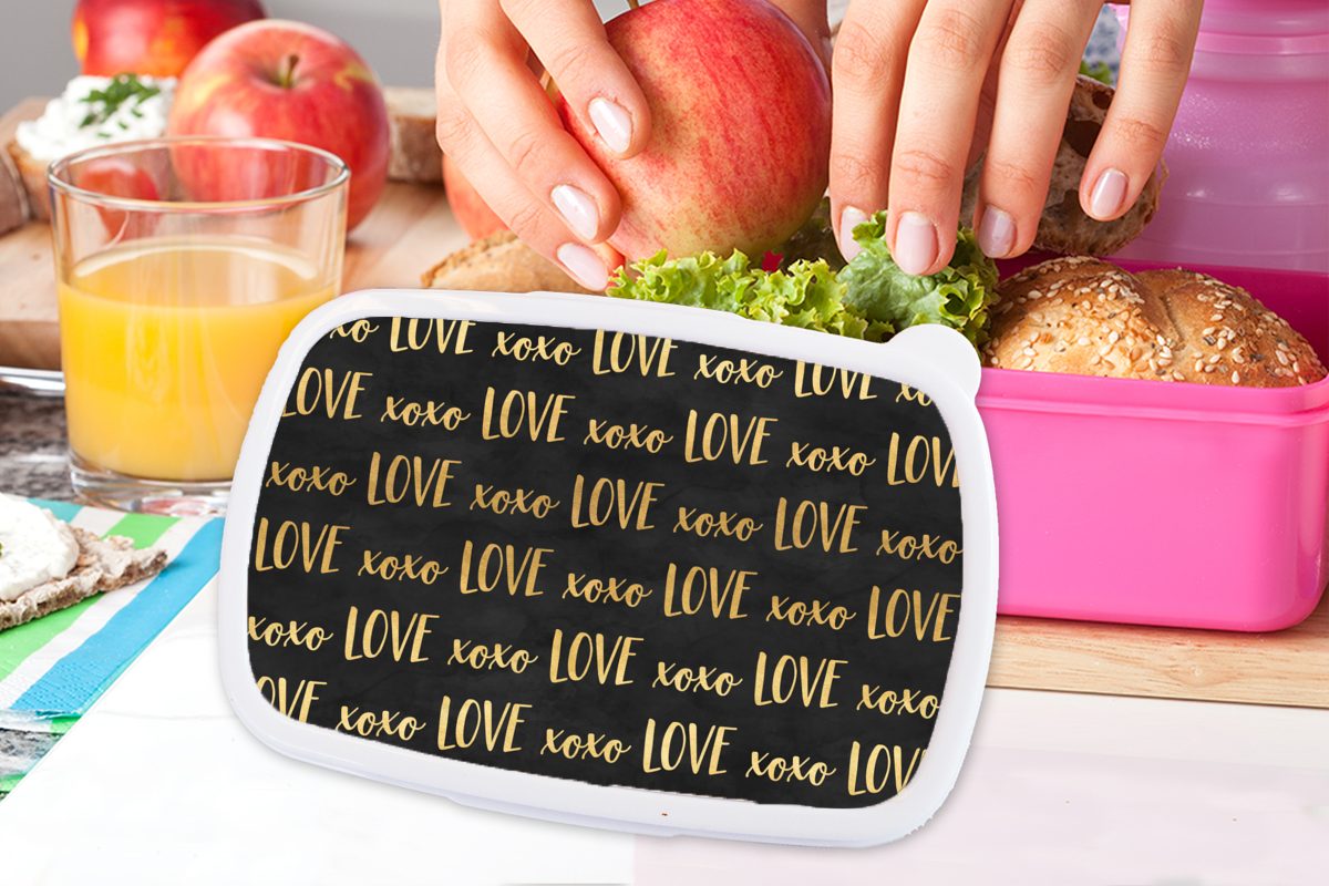 für Lunchbox - Muster Gold Liebe Brotbox Snackbox, Kinder, Mädchen, MuchoWow rosa Brotdose Erwachsene, - Schwarz, (2-tlg), - Kunststoff Kunststoff,
