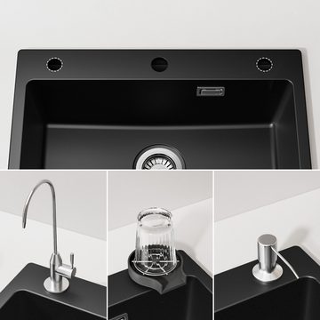 CECIPA Granitspüle Küchenspüle 60*45, schwarz, mit Seifenspender, Schwarz, 60/45 cm, Mit Ablaufkorb, Aufsatzwaschbecken