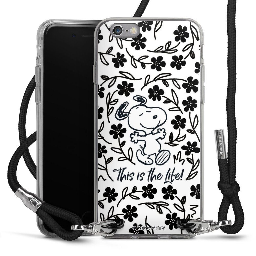 DeinDesign Handyhülle Peanuts Blumen Snoopy Snoopy Black and White This Is The Life, Apple iPhone 6 Handykette Hülle mit Band Case zum Umhängen