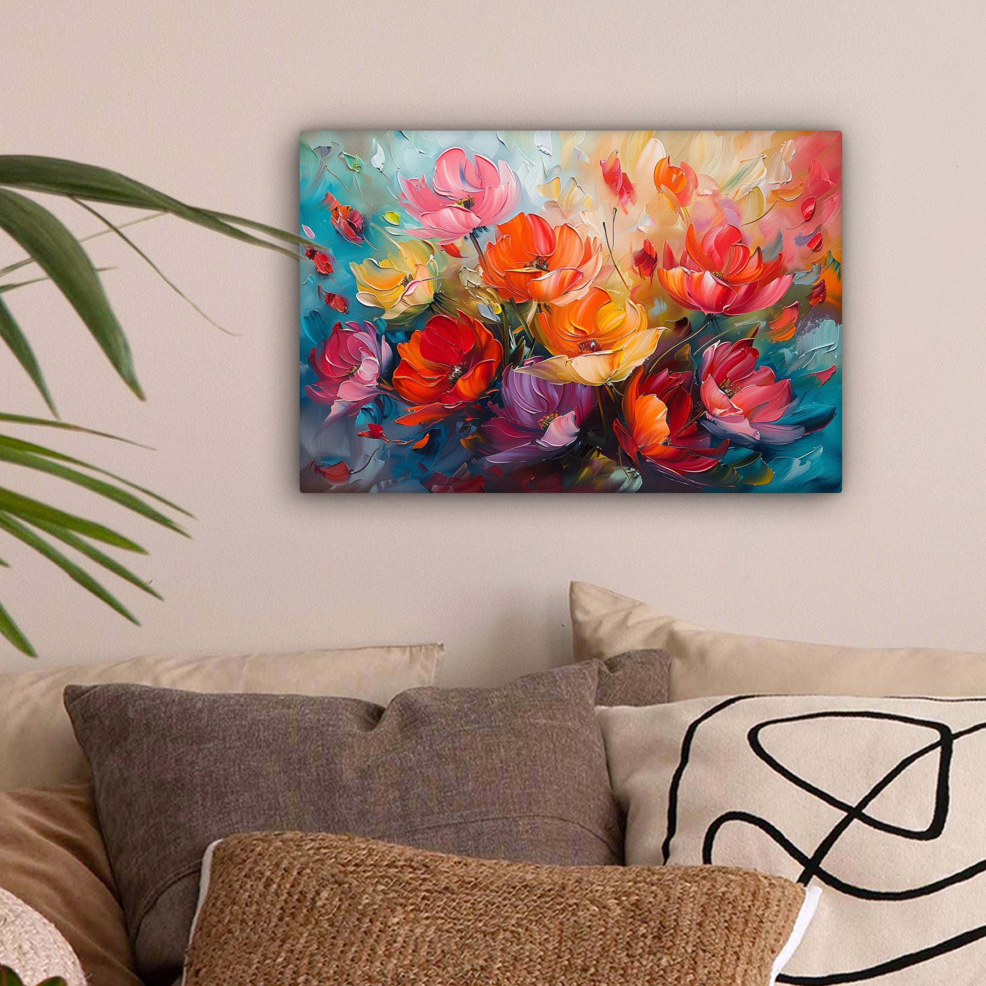 OneMillionCanvasses® Leinwandbild Blumen - Bunt - Malerei - Abstrakt - Kunst, Fotodruck (1 St), Leinwand Bilder Klein, Wand Dekoration Aesthetic 30x20 cm