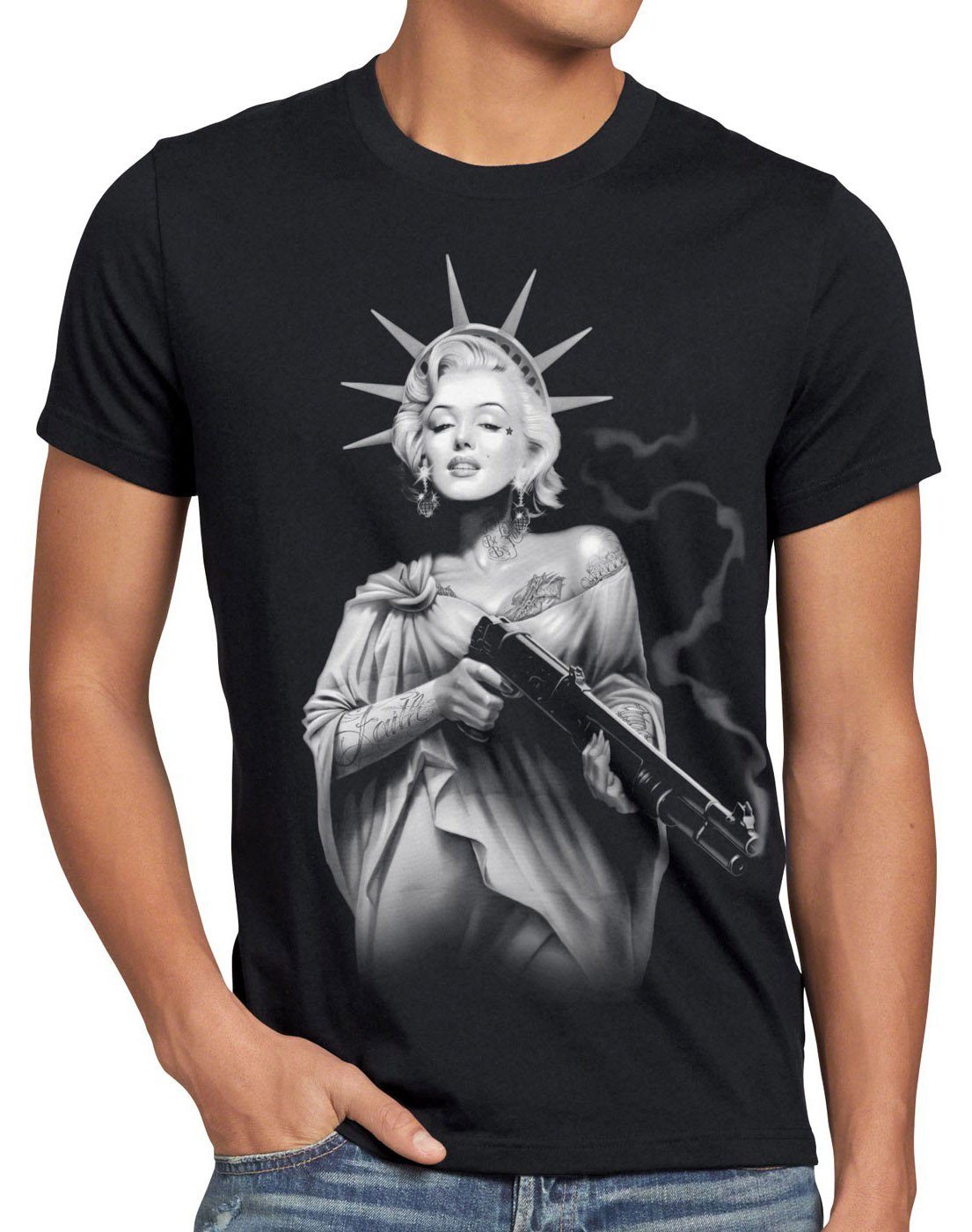 Monroe Print-Shirt schwarz rock T-Shirt style3 biker shotgun punk tattoo Marilyn usa freiheitsstatue Herren