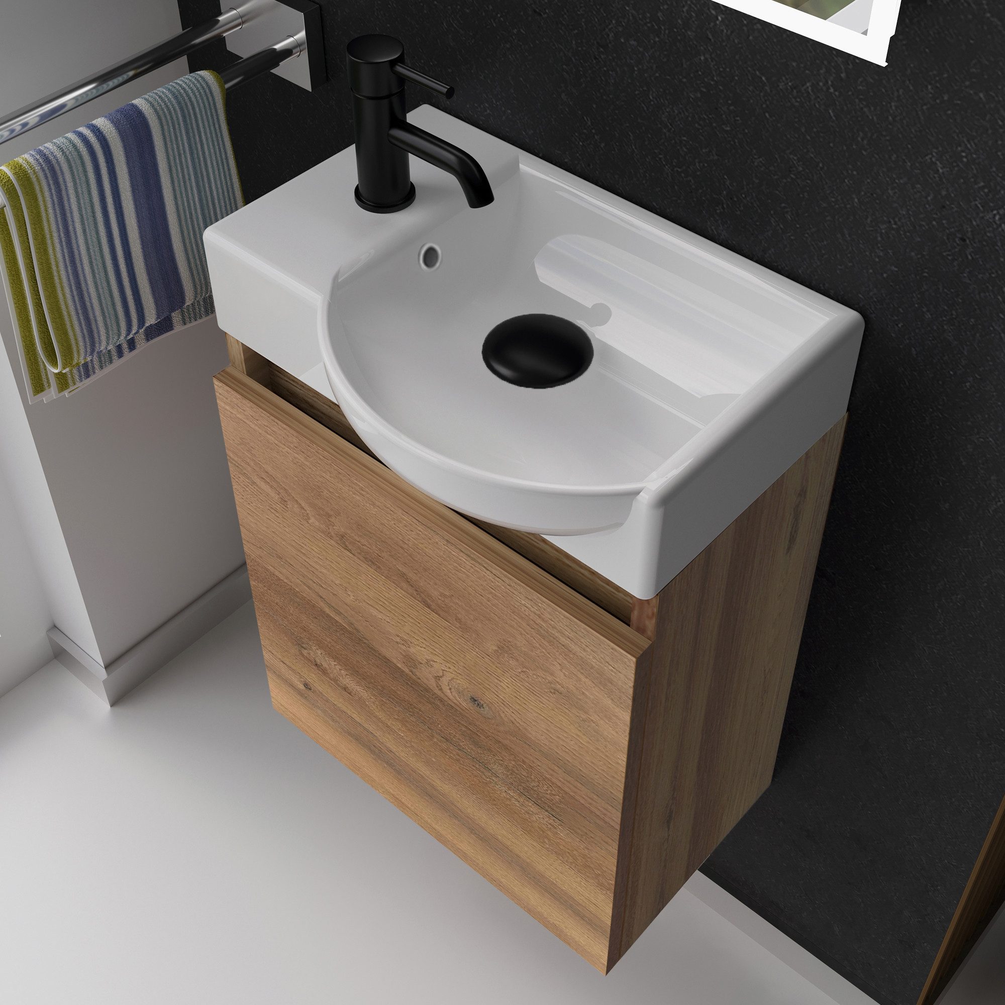 Alpenberger Badmöbel-Set Badschrank in Bamboo Optik mit Keramik Waschbecken, (2-tlg., Badmöbel Set Vormontiert), Eckig ovales Becken mit Überlauf, eintüriger Badschrank mit Softclose