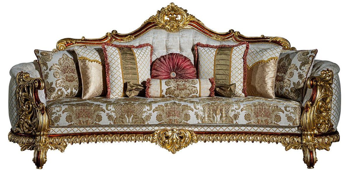 Casa Padrino Sofa Luxus Barock Sofa Grau / Rot / Gold 270 x 105 x H. 128 cm - Wohnzimmer Sofa mit dekorativen Kissen - Edel & Prunkvoll