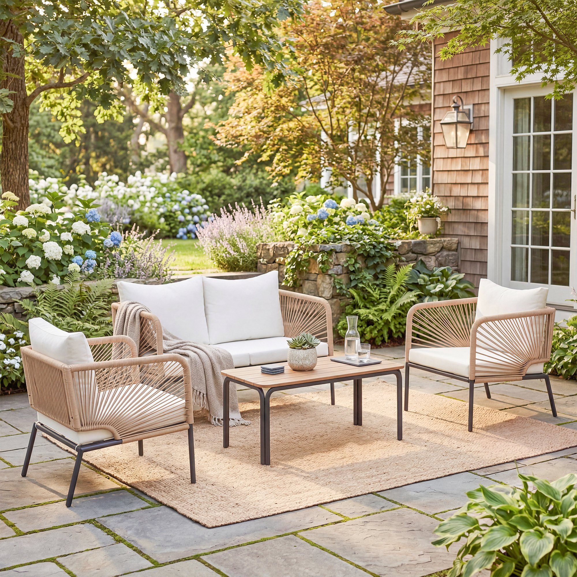 Outsunny Sitzgruppe mit 2er Sofa, 2 Sessel, Lamell-Tisch, Seilflecht, waschbar Sitzkissen, (Balkonmöbel, 4-tlg., Gartenmöbel Set), für Garten Weiß