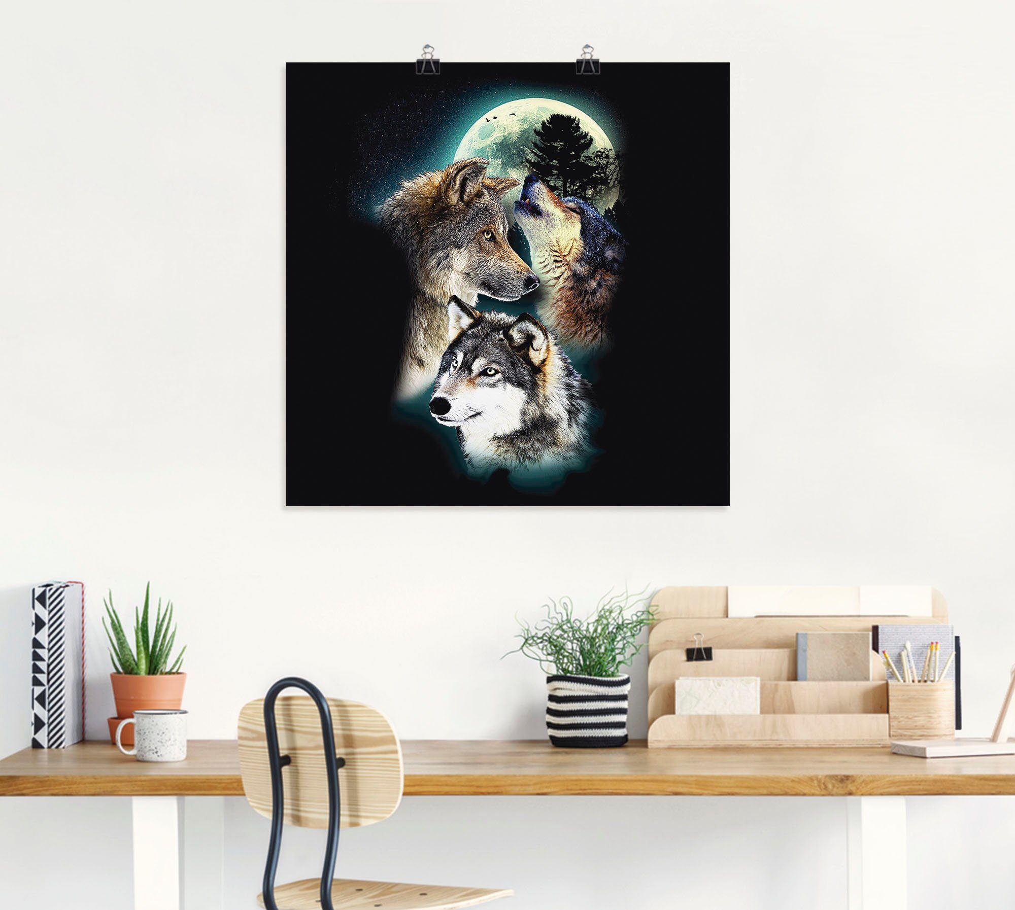 Artland Wandbild Phantasie als in St), Größen Wandaufkleber Wildtiere Leinwandbild, Poster oder versch. (1 mit Alubild, Wölfe Mond, Wolf