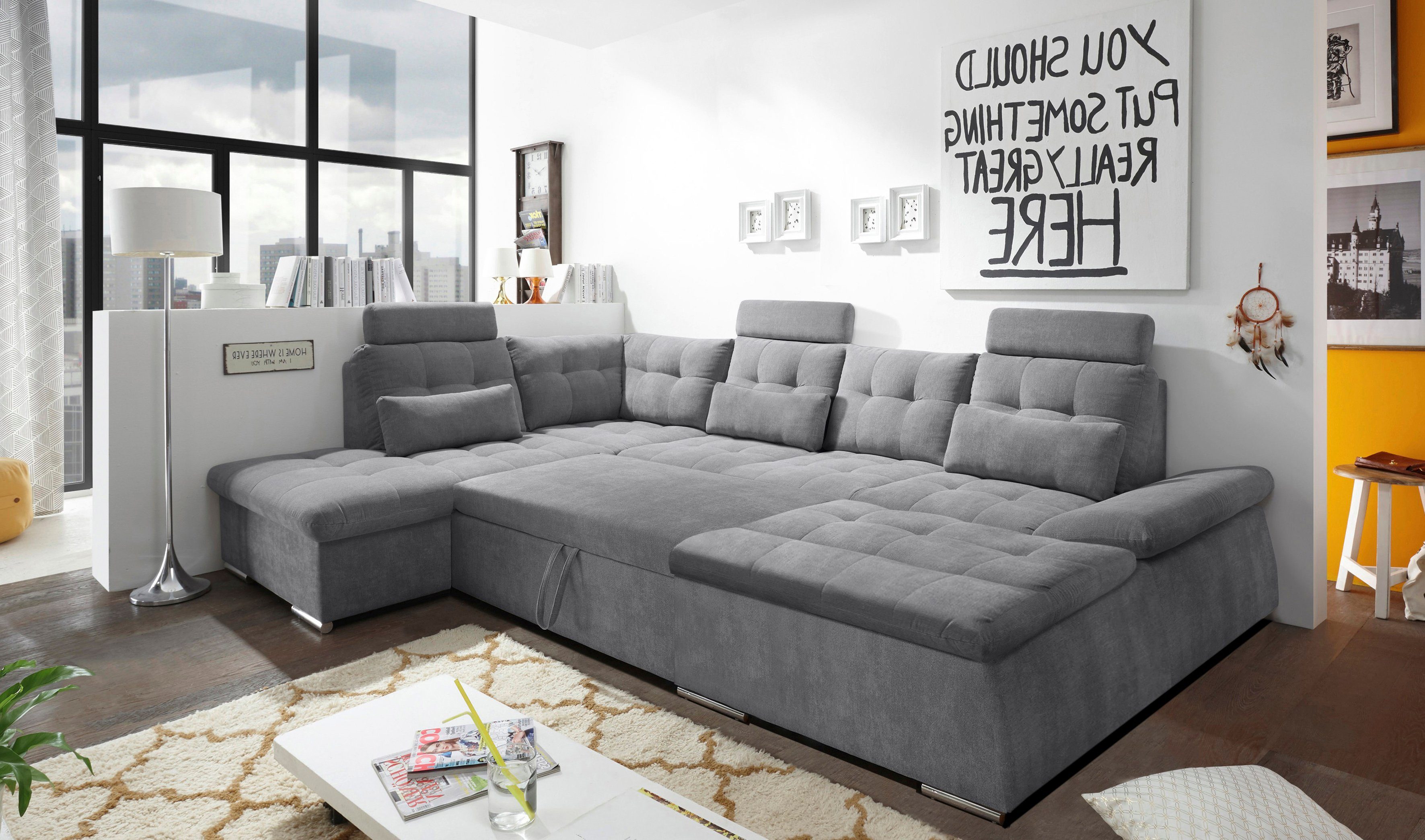 ED EXCITING DESIGN Wohnlandschaft Nalo U-Form mit Bettfunktion, Bettkasten, Armteilverstellung, Kopfstützen & 3 Nierenkissen