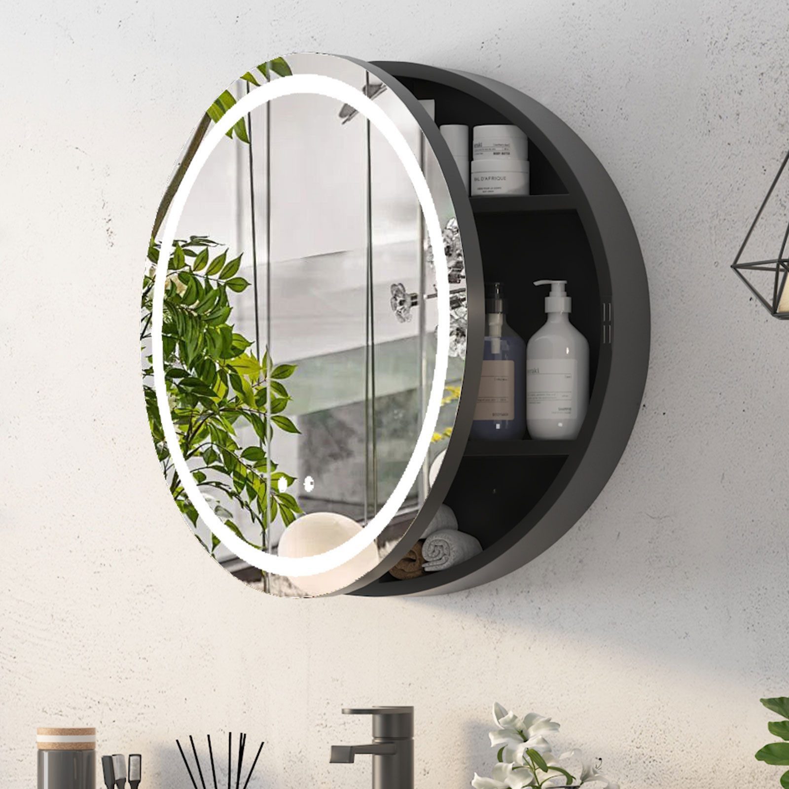 radelldar Badezimmerspiegelschrank Runder Spiegelschrank 60x60 cm, Medizinschrank mit Metallrahmen (1-St) Montagefrei, integrierte Beleuchtung und Entfeuchtung