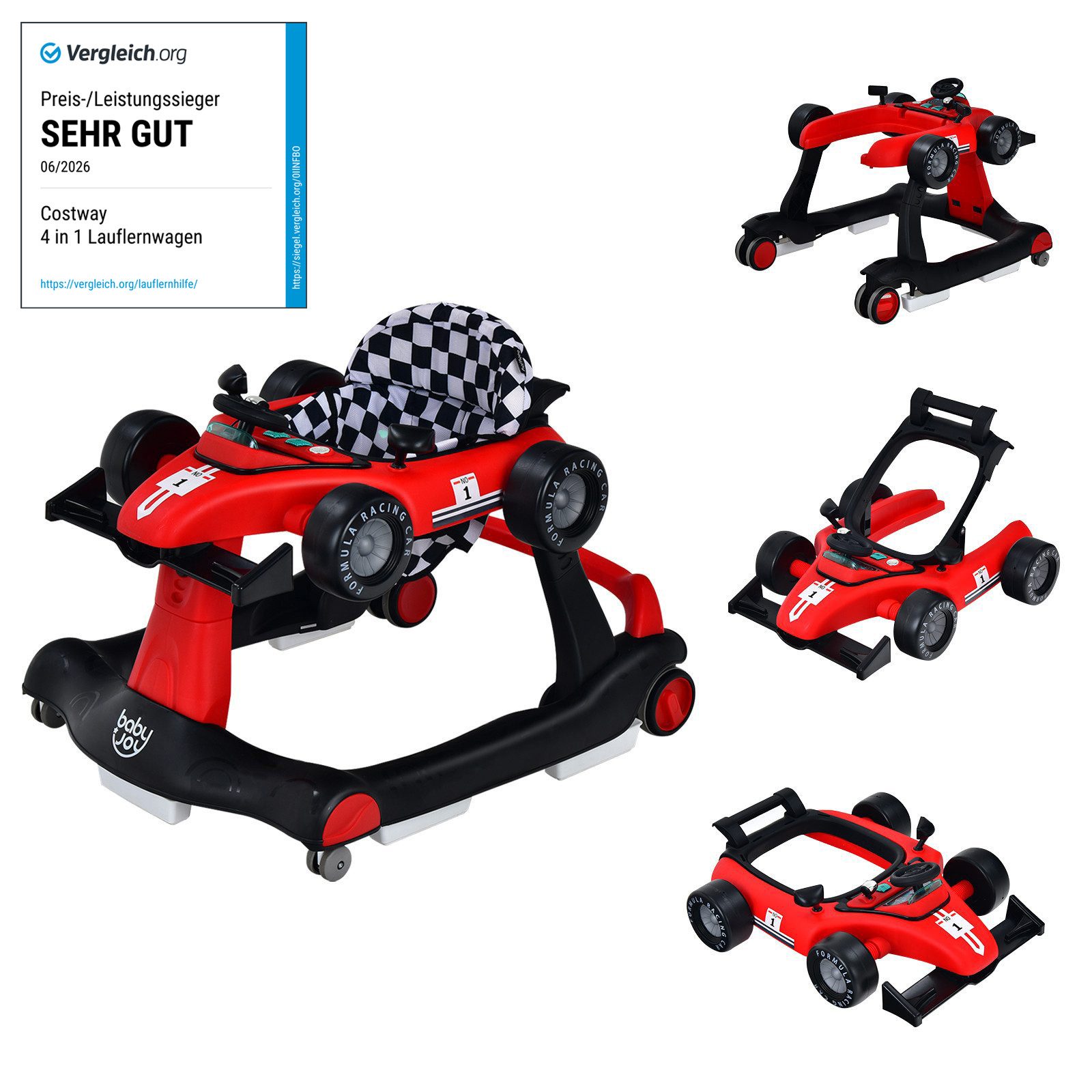 COSTWAY Lauflernhilfe 4 in 1 Lauflernwagen, mit Musik, Licht, ab 6 Monaten