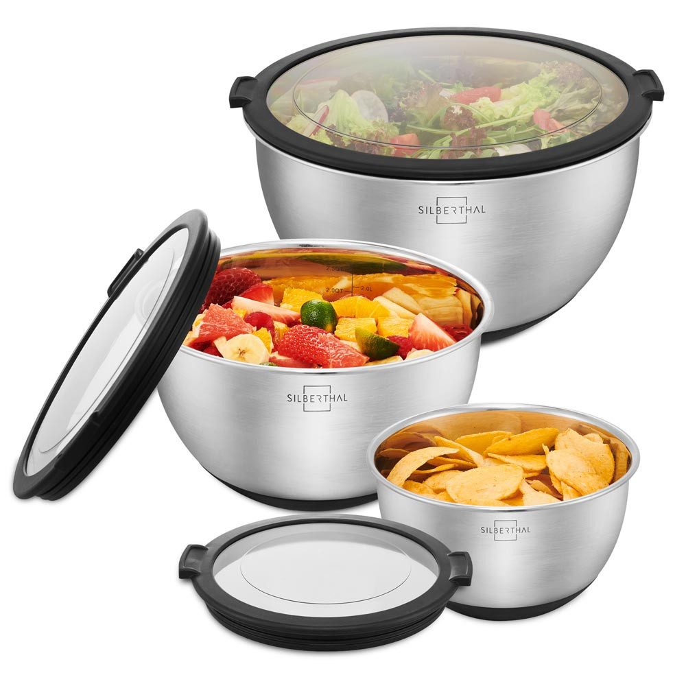 SILBERTHAL Rührschüssel Servierschale Salatschüssel 3er Set, Edelstahl, (3-tlg), Rutschfest dank Silikonboden, mit integrierter Skala