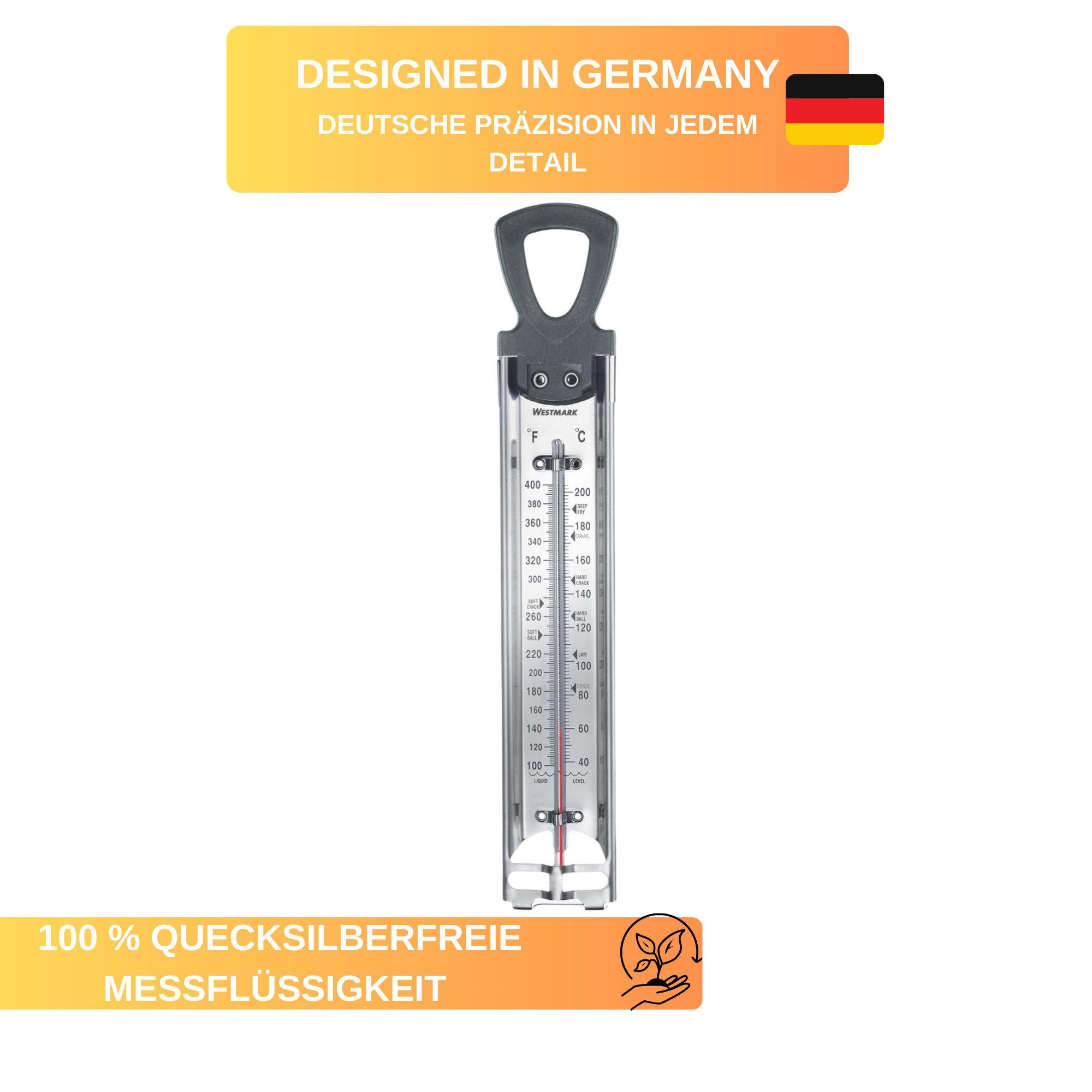 Thiru Kochthermometer Zuckerthermometer - aus Edelstahl - 40-200°C - Quecksilberfrei