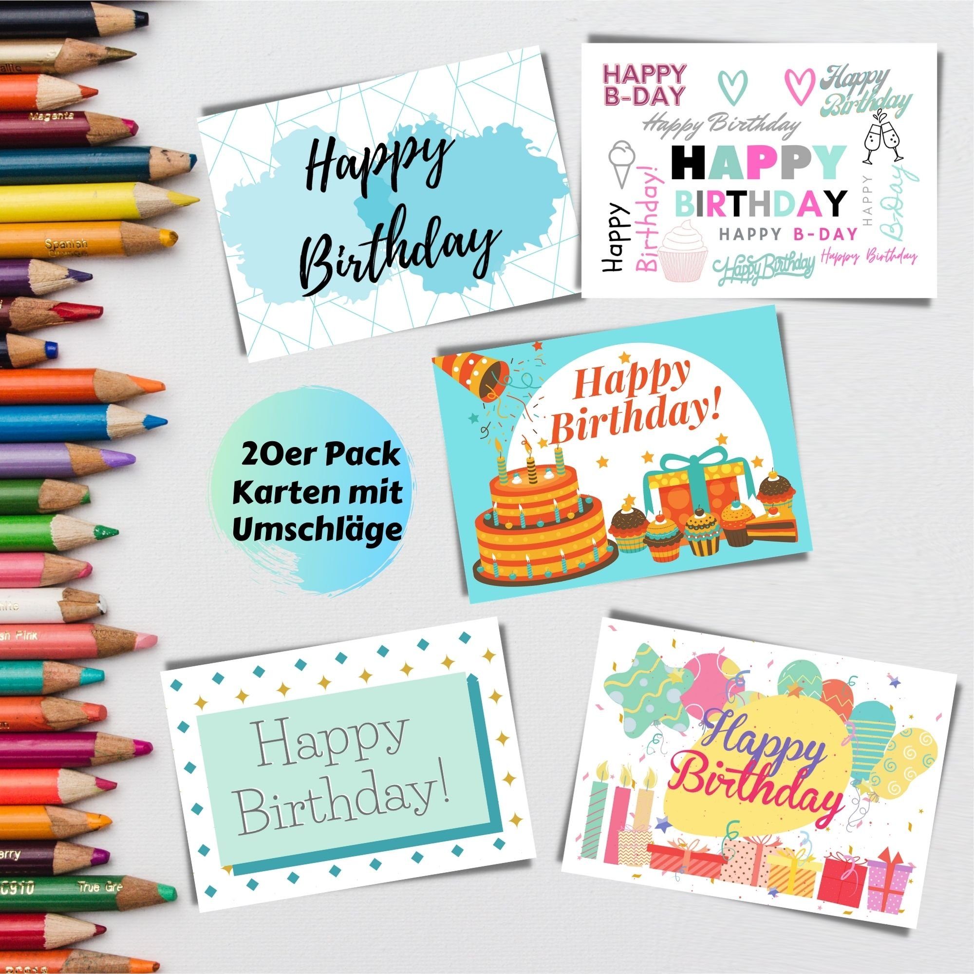 zum Birthday Geburtstag mit Postkarten, Karten Set Set, Geburtstagskarte Kraftpapier Happy Umschlag, Domelo Grußkarten 20er 20er Geburtstagskarten