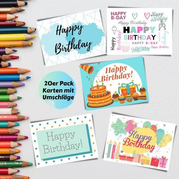 Domelo Geburtstagskarte Geburtstagskarten 20er Set mit Umschlag, Happy Birthday Postkarten, Grußkarten 20er Set, Kraftpapier Karten zum Geburtstag