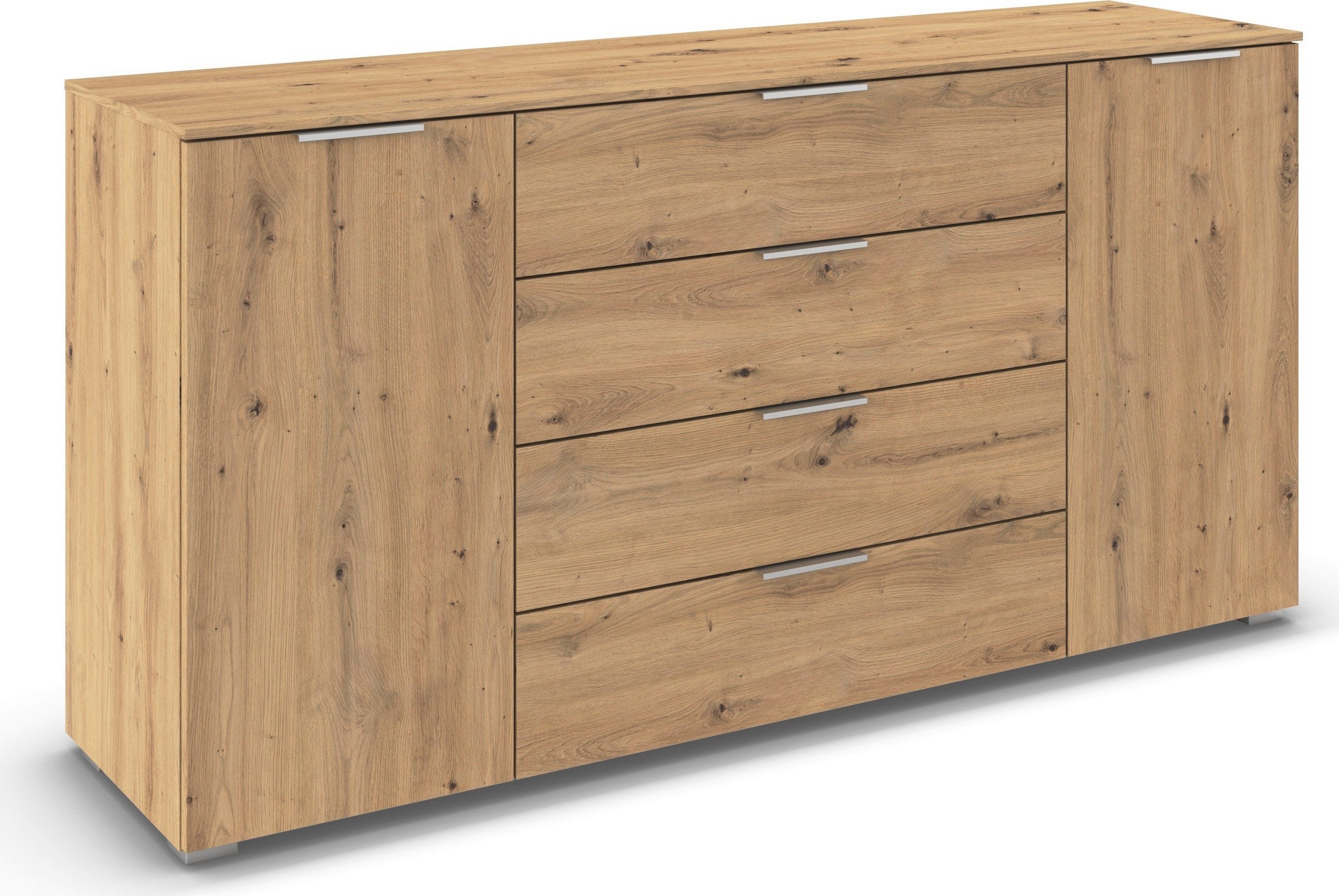 rauch Kombikommode Sideboard Türkommode Schubladenkommode Kommode ASTANA (Breite 160 cm / Höhe 81 cm, mit 4 Einlegeböden), 2-türig, 4 geräumige Schubladen, Kantengriff Alufarben MADE IN GERMANY