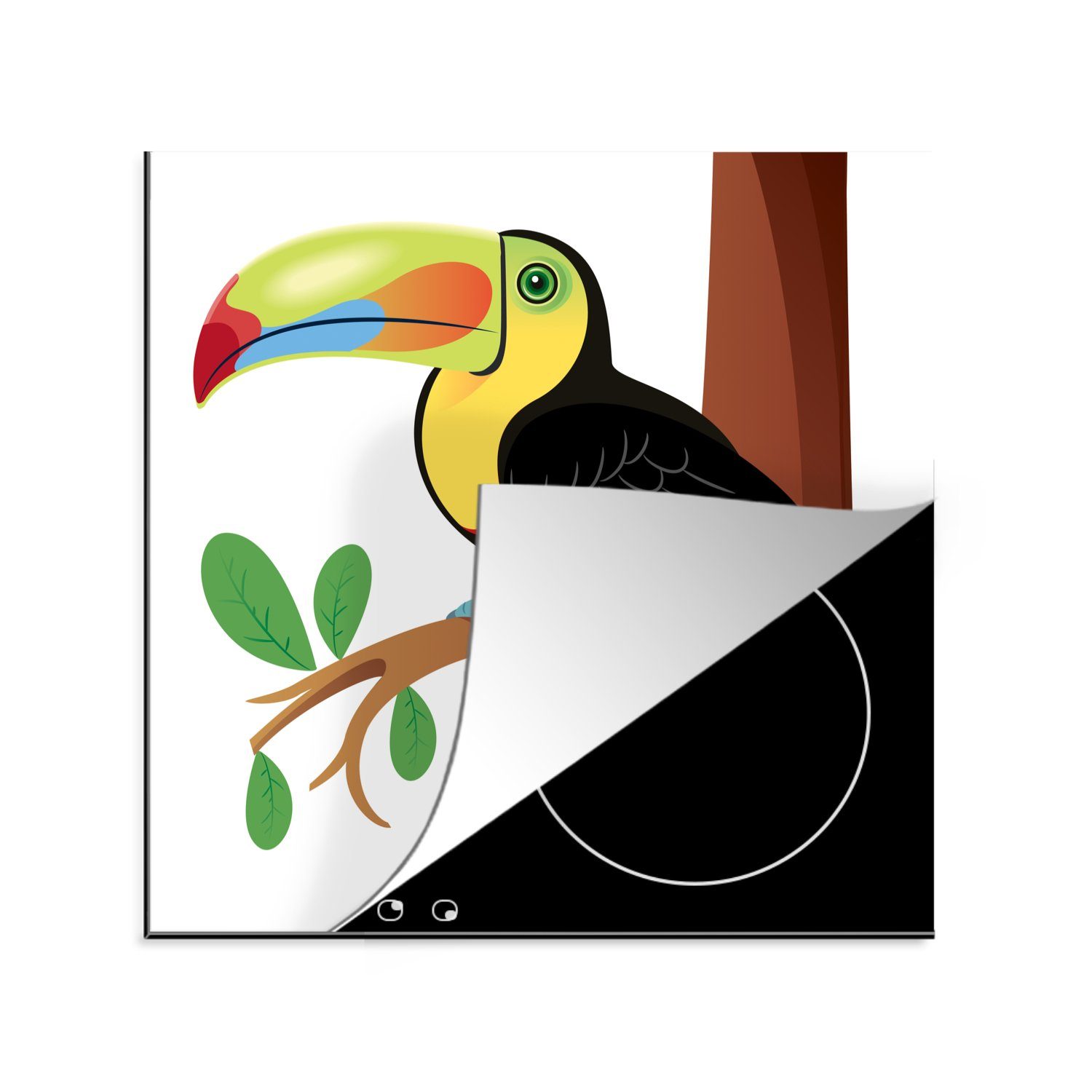 MuchoWow Herdblende-/Abdeckplatte Eine Vektor-Illustration von einem bunten Tukan, Vinyl, (1 tlg), 78x78 cm, Ceranfeldabdeckung, Arbeitsplatte für küche | Herdabdeckplatten
