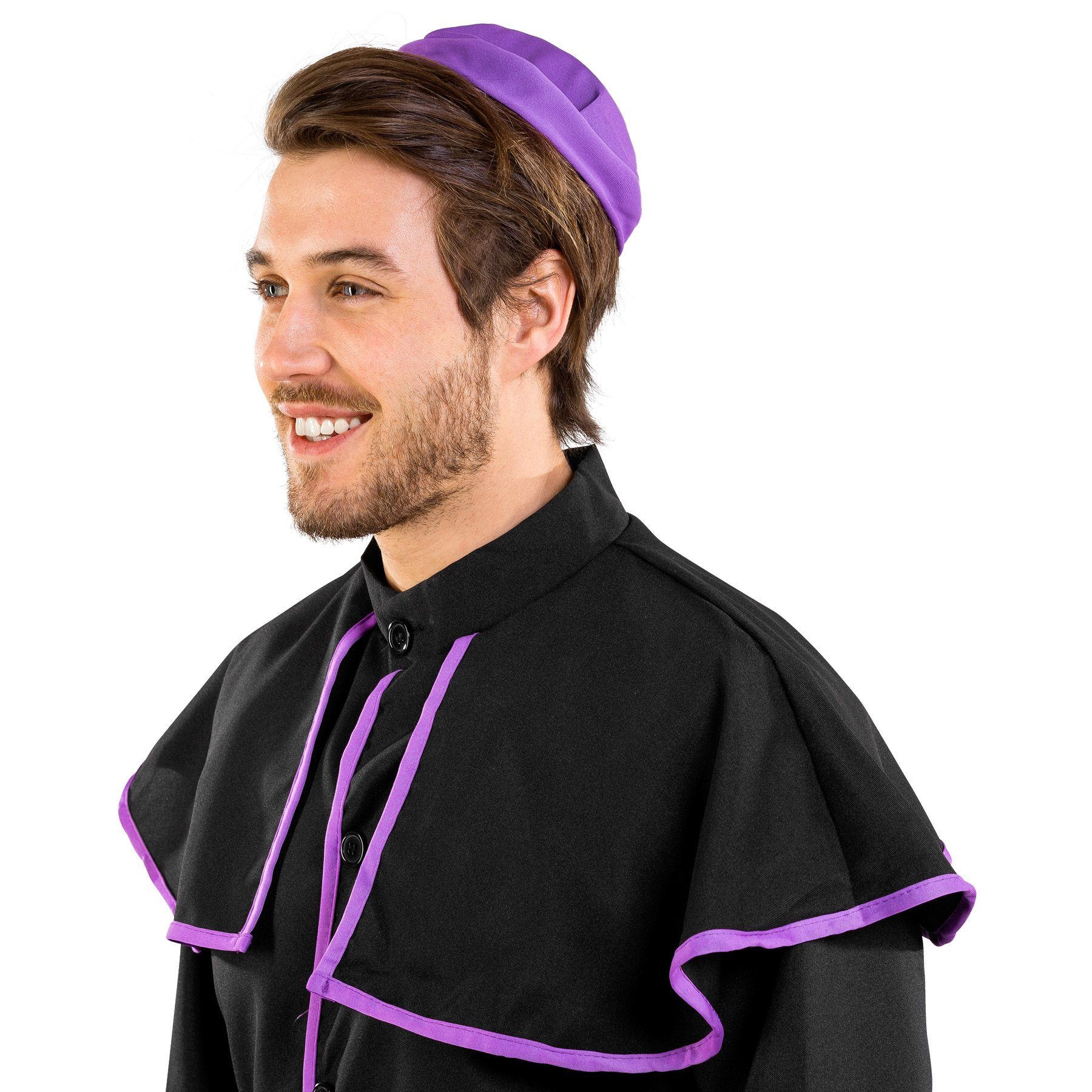dressforfun Kostüm Mönch, auch Prediger, in der Farbe schwarz, Gr. XL, Großer Kragen, Scheitelkäppchen, Gewand, Schöne Knopfleiste, Auffälliger Gürtel