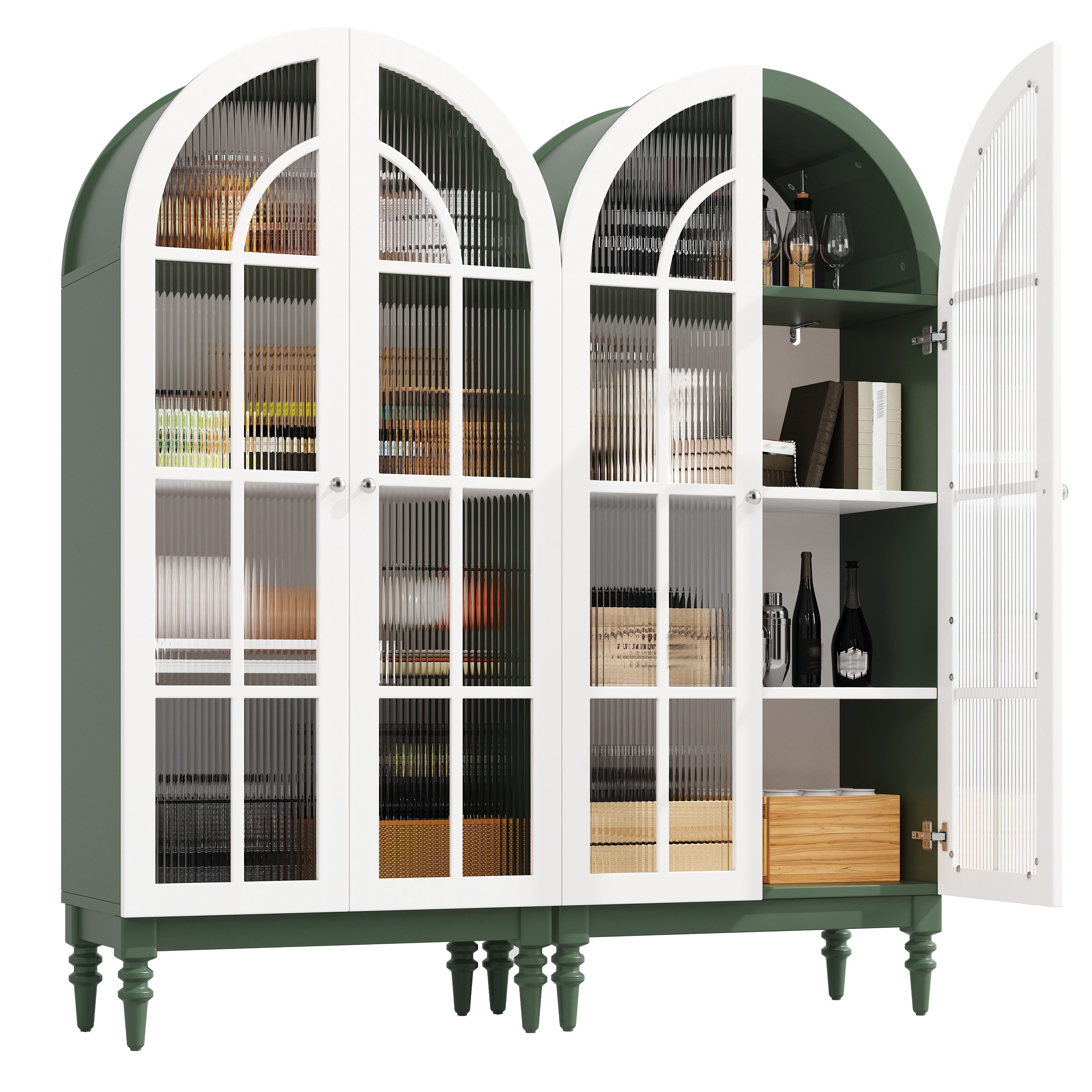 KLAM HOME Vitrine Bogen‑Vitrinenschrank 165cm mit Riffelglas‑Doppeltüren (Dekorativer Hochschrank mit 3 Einlegeebenen für Wohn‑ und Esszimmer) Vintage Ausstellungsschrank in Dunkelgrün und Weiß