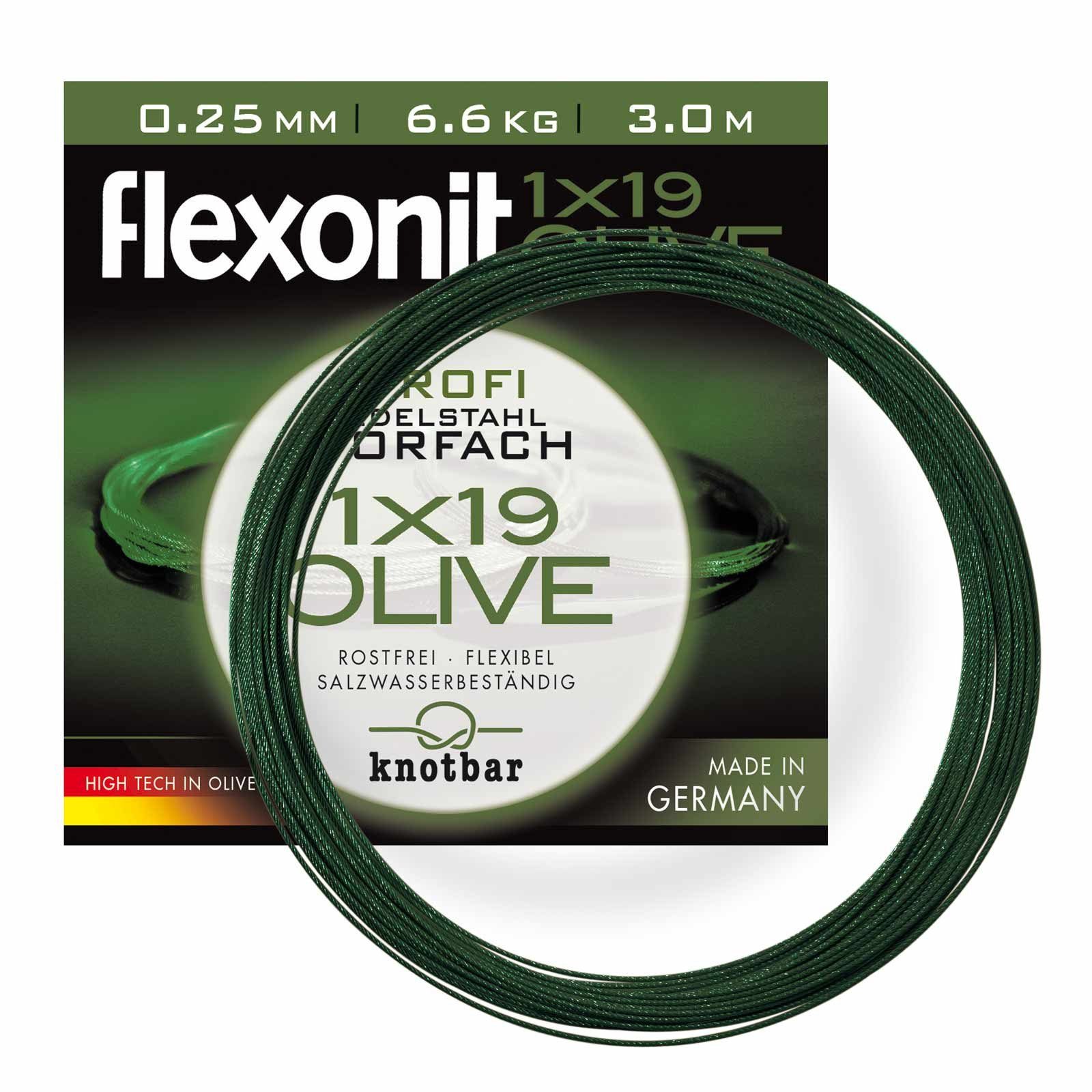 flexonit Vorfachschnur, 3 m Länge, flexonit Olive 1x19 Meterware 0,25 mm Länge 3m Stahlvorfach Raubfischvorfach