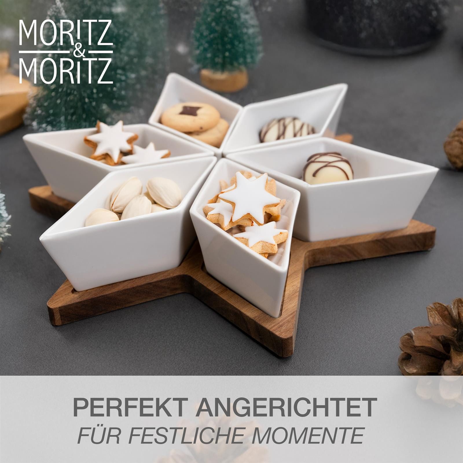 Moritz & Moritz Servierschale Moritz & Moritz Servierschalen Set STERN, Keramik, Akazienholz, (Set, 7-tlg), Weihnachtliches Stern Motiv