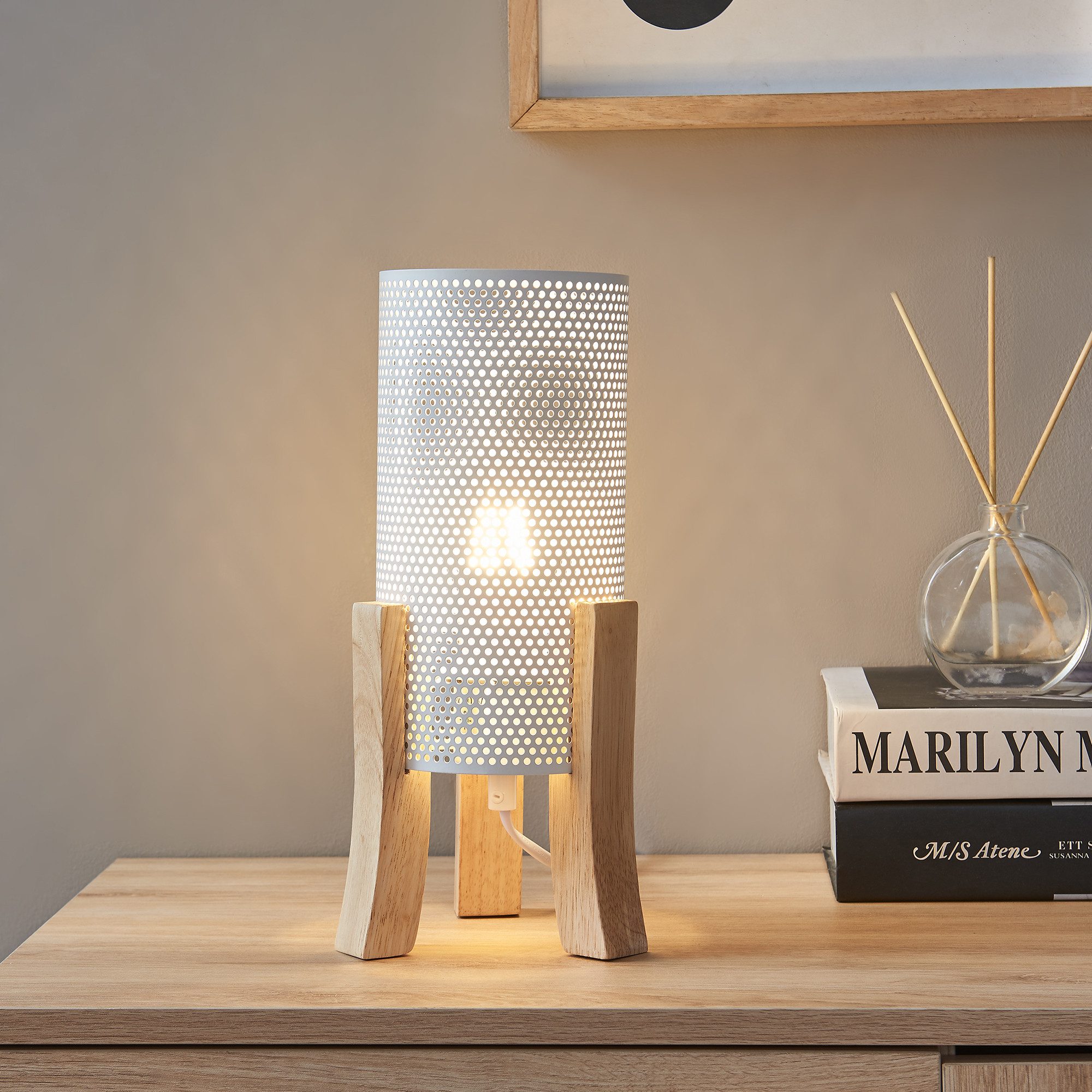 lux.pro Tischleuchte, ohne Leuchtmittel, »Joelleldsvin« Holz Metall in Mesh-Optik 30x14x14 cm Weiß