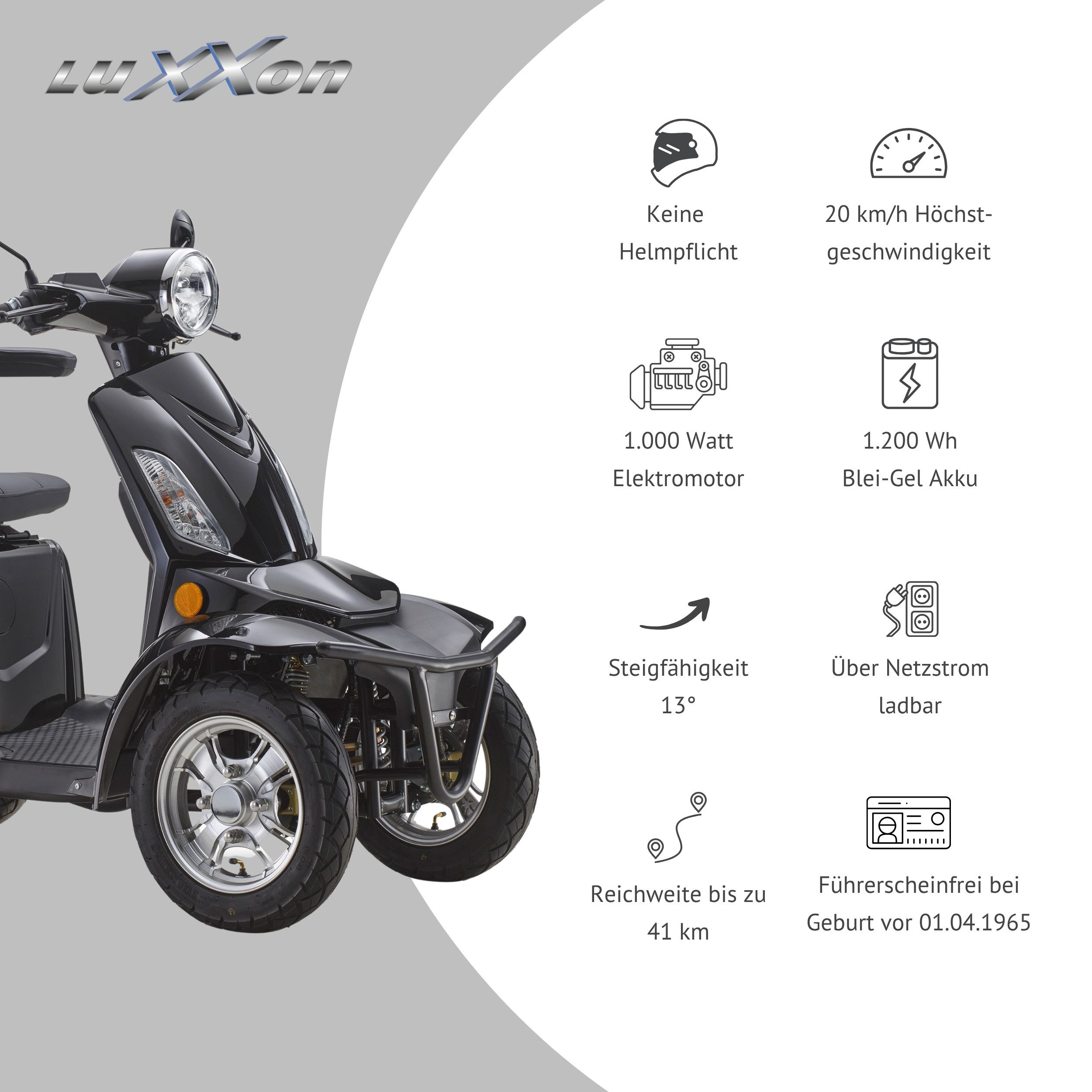 Luxxon Elektromobil LuXXon Seniorenmobil E4900, 20 km/h, (Elektromobil mit Topcase, ohne Helmpflicht), 1.000 W, Seniorenmobil mit 4 Räder, Elektroroller für Senioren