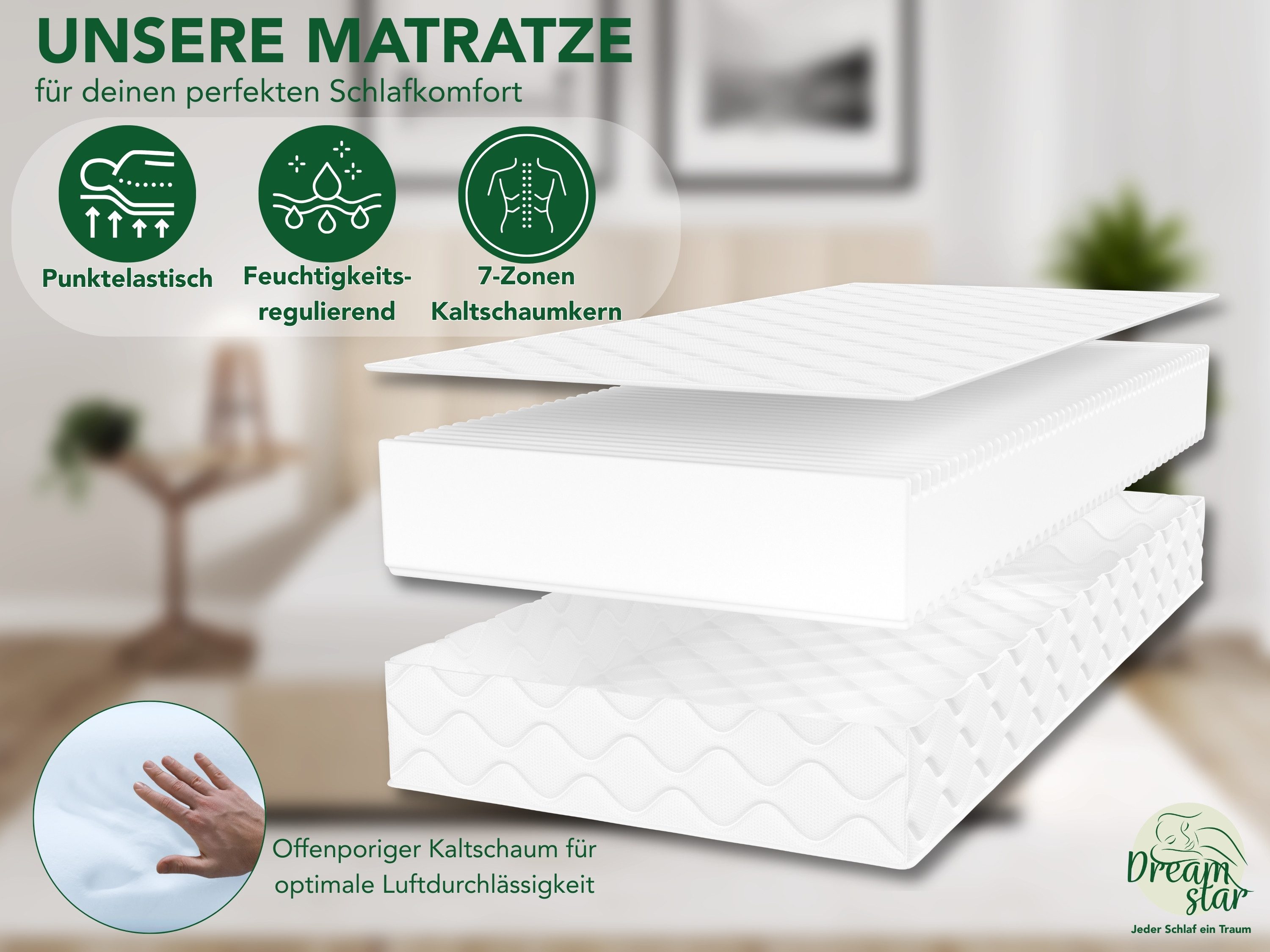 Kaltschaummatratze 7-Zonen - zwei Liegeseiten - 80x200 90x190 90x200 120x200 140x200, Dreamstar, verschiedene Größen, Höhen und Härtegrade - ergonomisch, H2 H3 H4