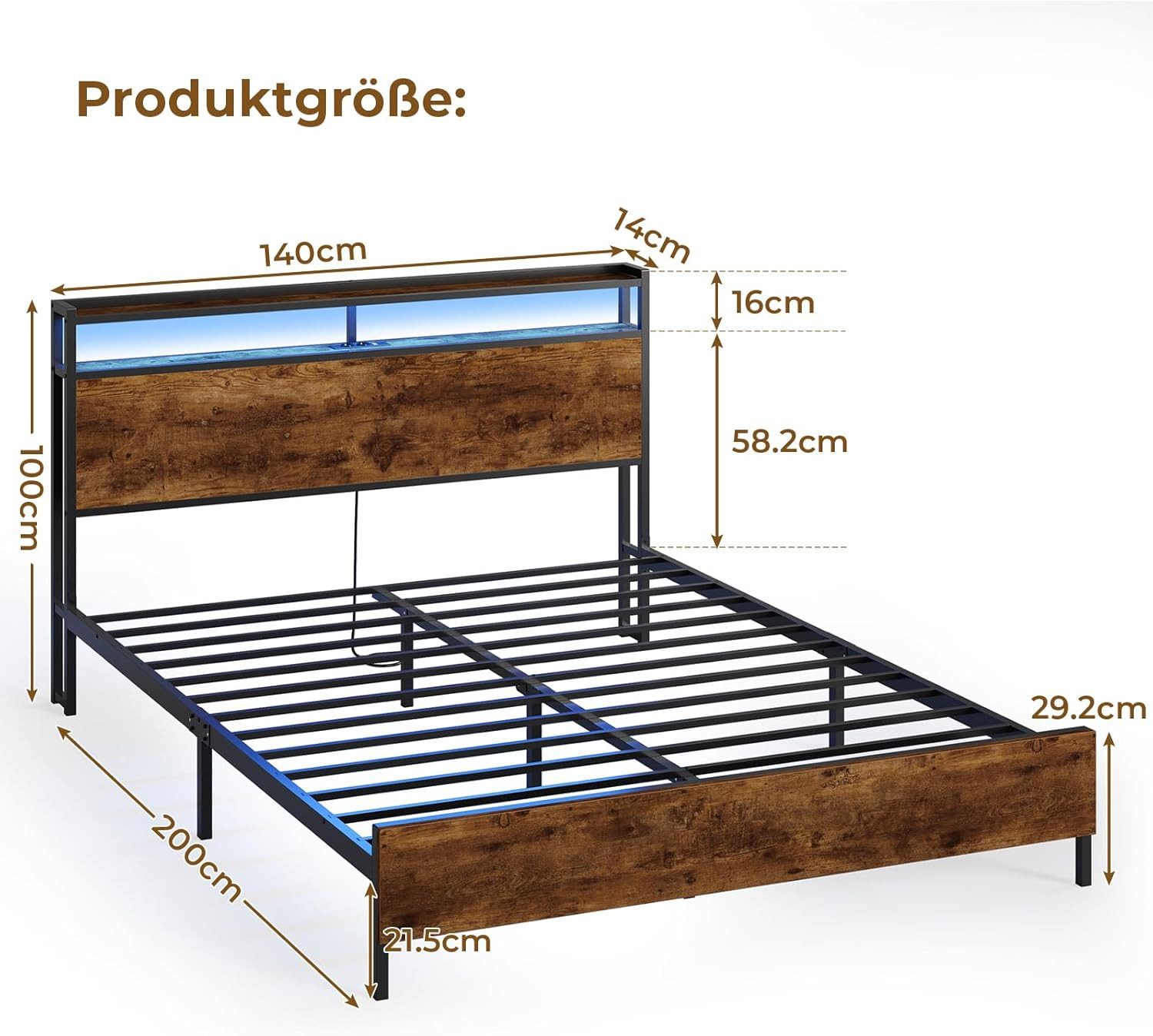 MSMASK Bett Bett mit LED Beleuchtung, Metallbett mit Steckdose, Braun, mit günstig online kaufen