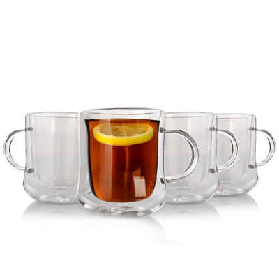 BigDean Teeglas 4 Stück Doppelwandige Kaffee & Чайные стаканы mit Henkel 300 ml, Glas