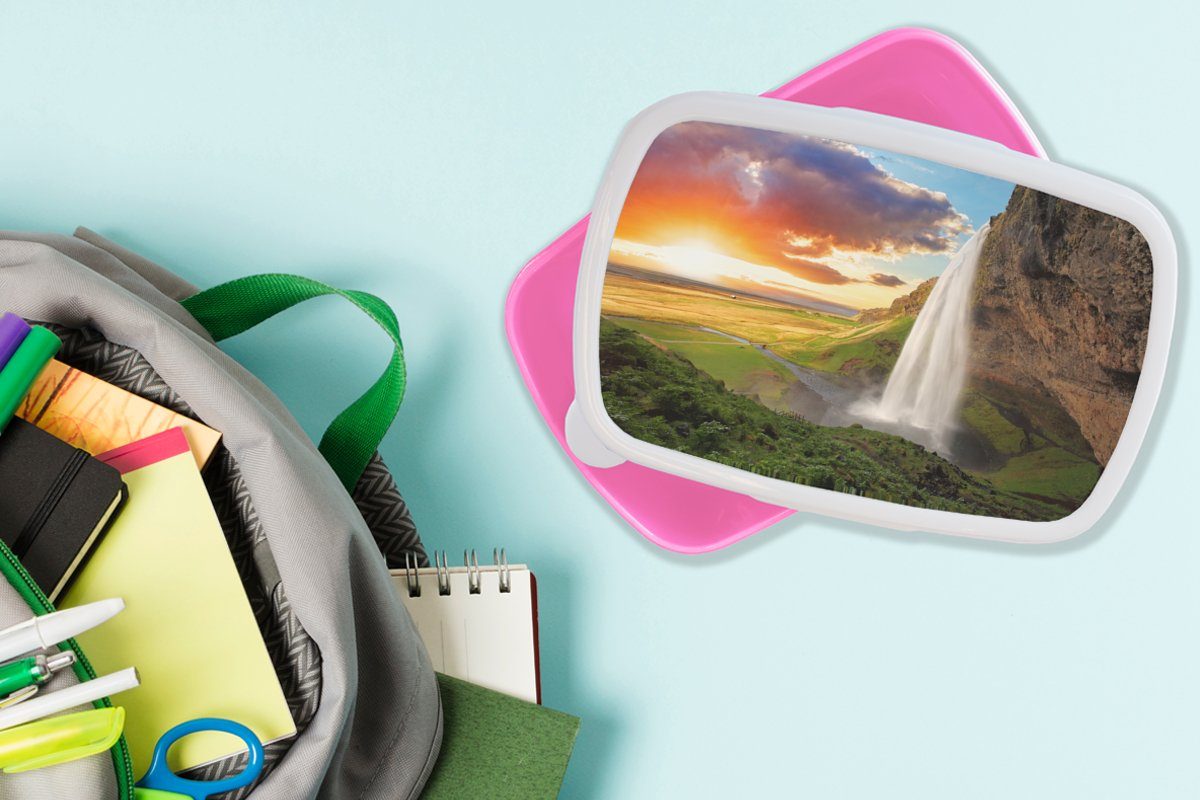 Berge Sonnenuntergang Kinder, Mädchen, Kunststoff, Brotdose Kunststoff Lunchbox rosa (2-tlg), - Felsen Snackbox, - Wasserfall für Erwachsene, Orange, MuchoWow - - Brotbox