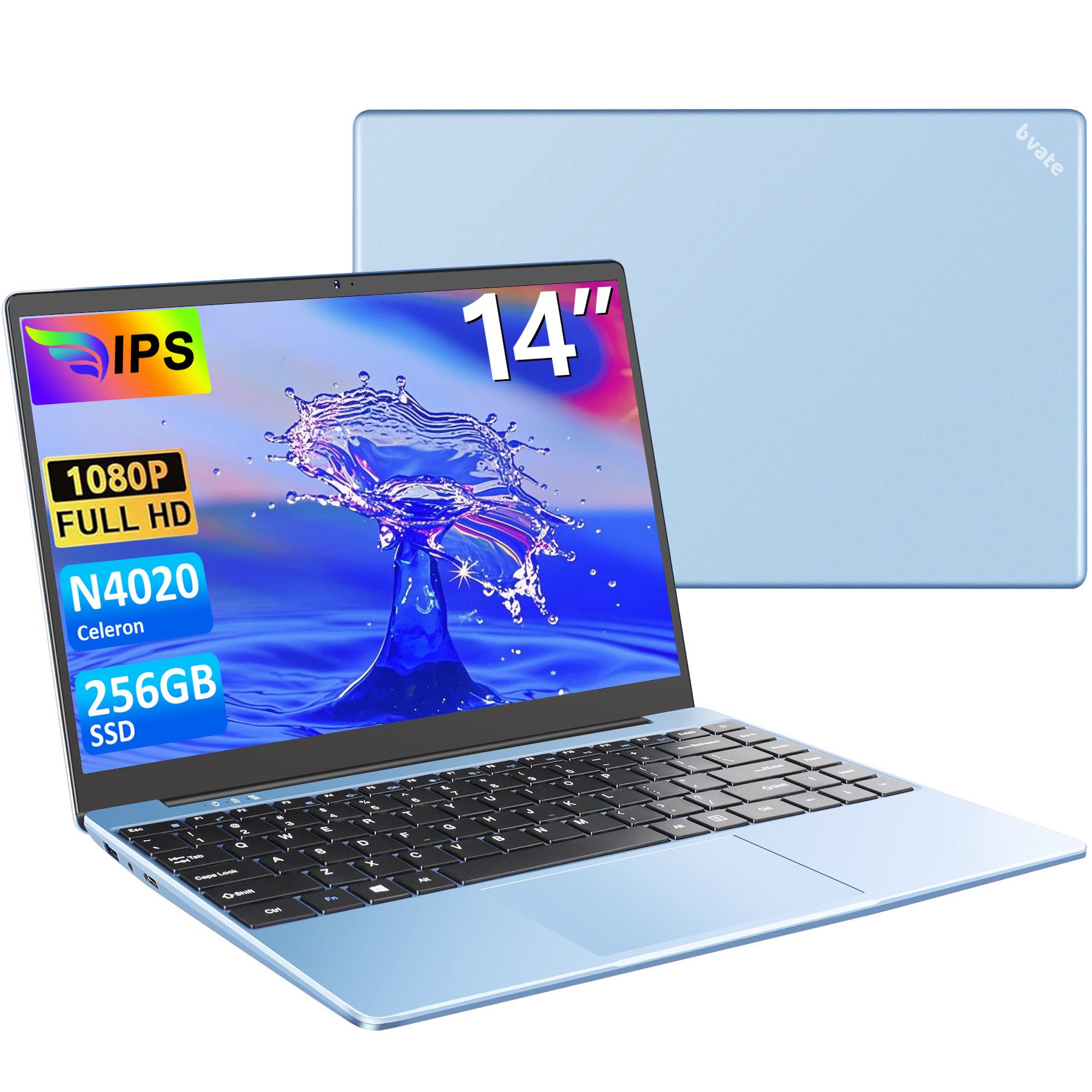 bvate Laptop, 14 Zoll, N4020, 6GB RAM, 128GB/512GB SSD Notebook Notebook (35 cm/14 Zoll, Celeron N4020 N4020 Celeron N4020, Celeron N4020, 6 GB, 256 GB SSD, 180° Drehung/Low Blue Light-Zertifizierung/Deutsche Tastaturaufkleber)