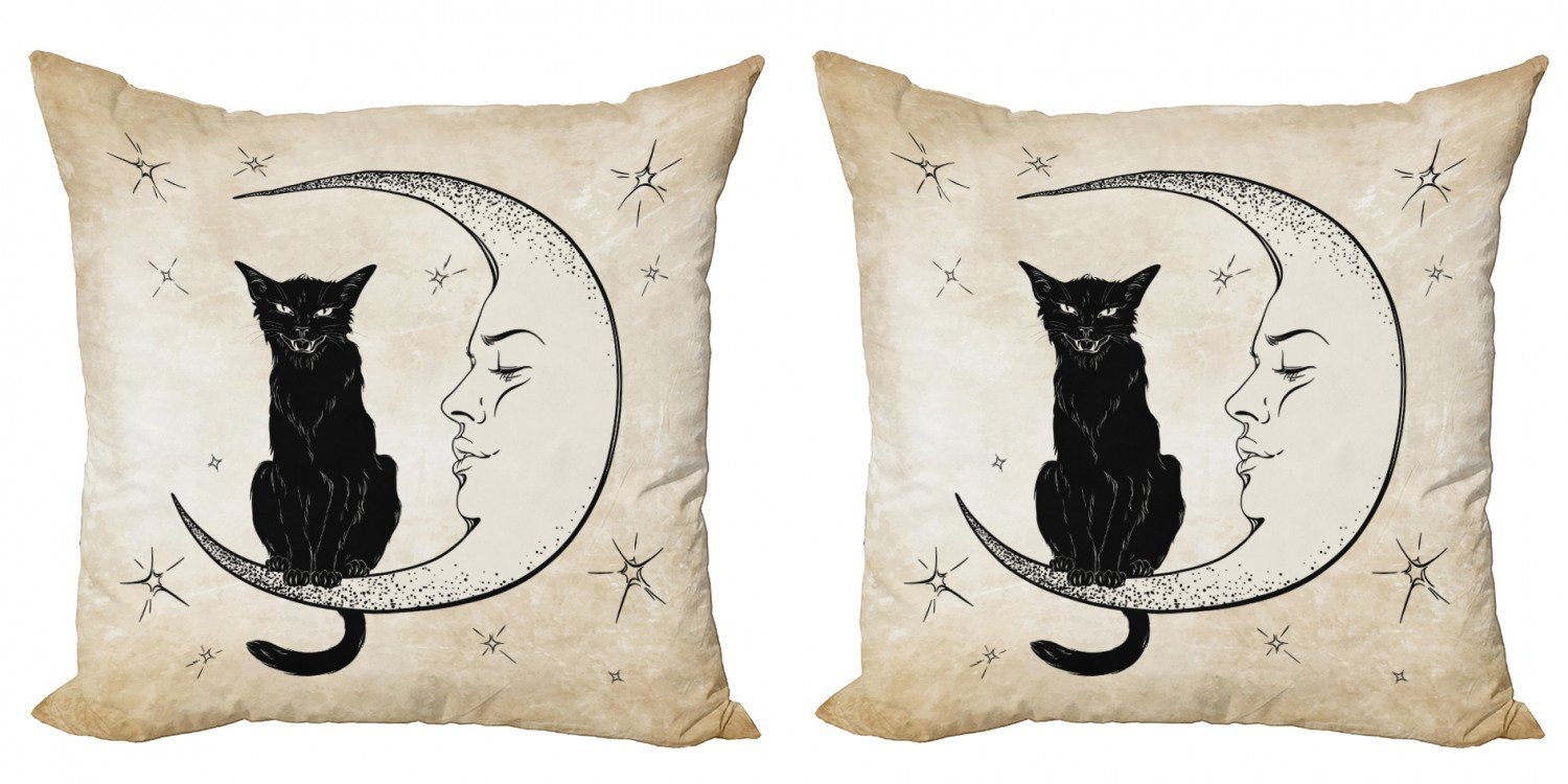 Stück), Mond Black (2 Abakuhaus Digitaldruck, Modern Kissenbezüge Mond Accent auf Siting Cat Doppelseitiger
