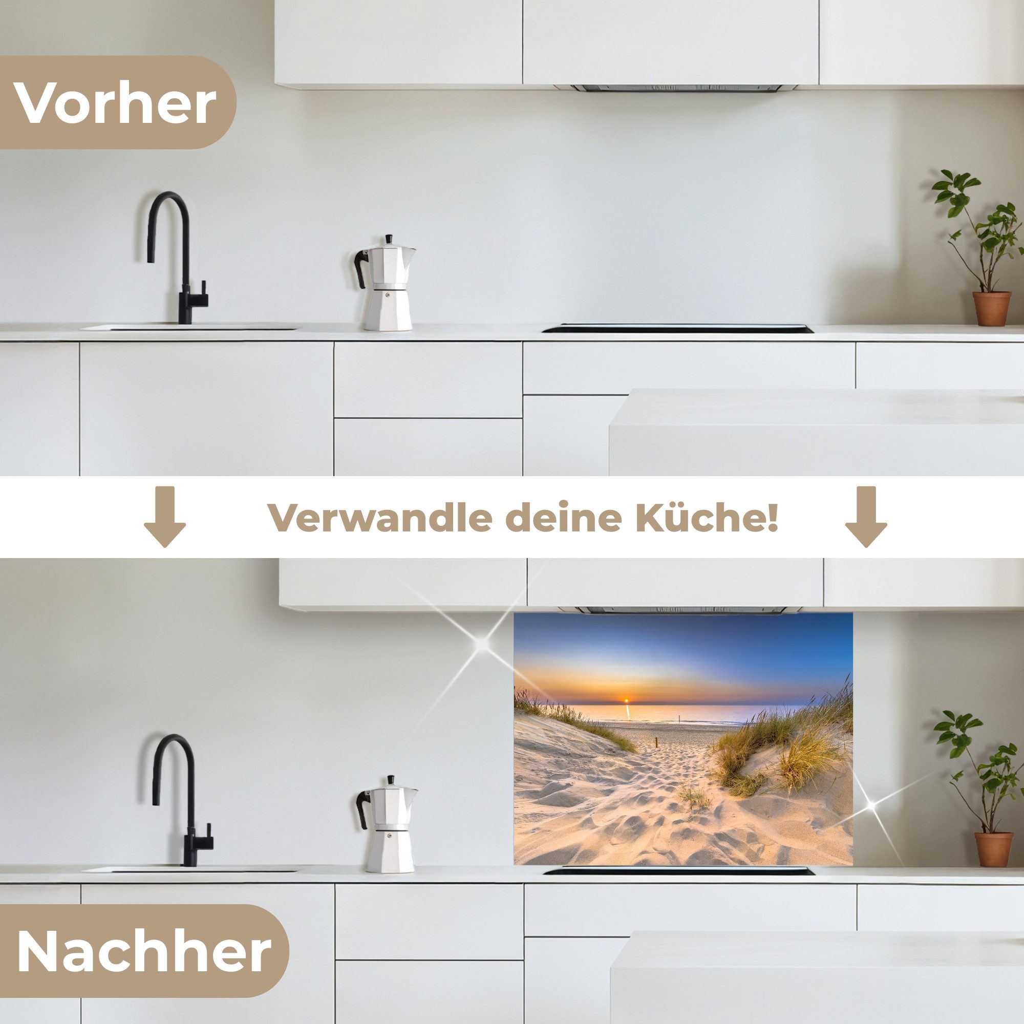 KitchenYeah Küchenrückwand selbstklebend Düne - Sonnenuntergang - Horizont - Strand - Gras, (1-tlg), Spritzschutz, Küche, Rückwand, Küchenwand, Küchenfront, 80x60 cm